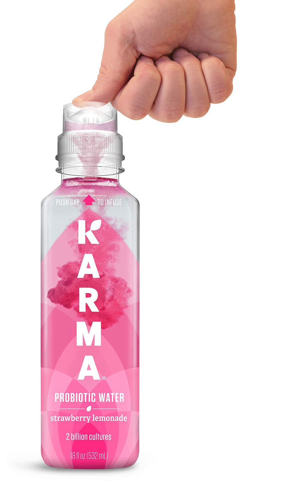 Karma Probiotic Water push-cap technology close-up keeps nutrients potent for on-demand refreshment.