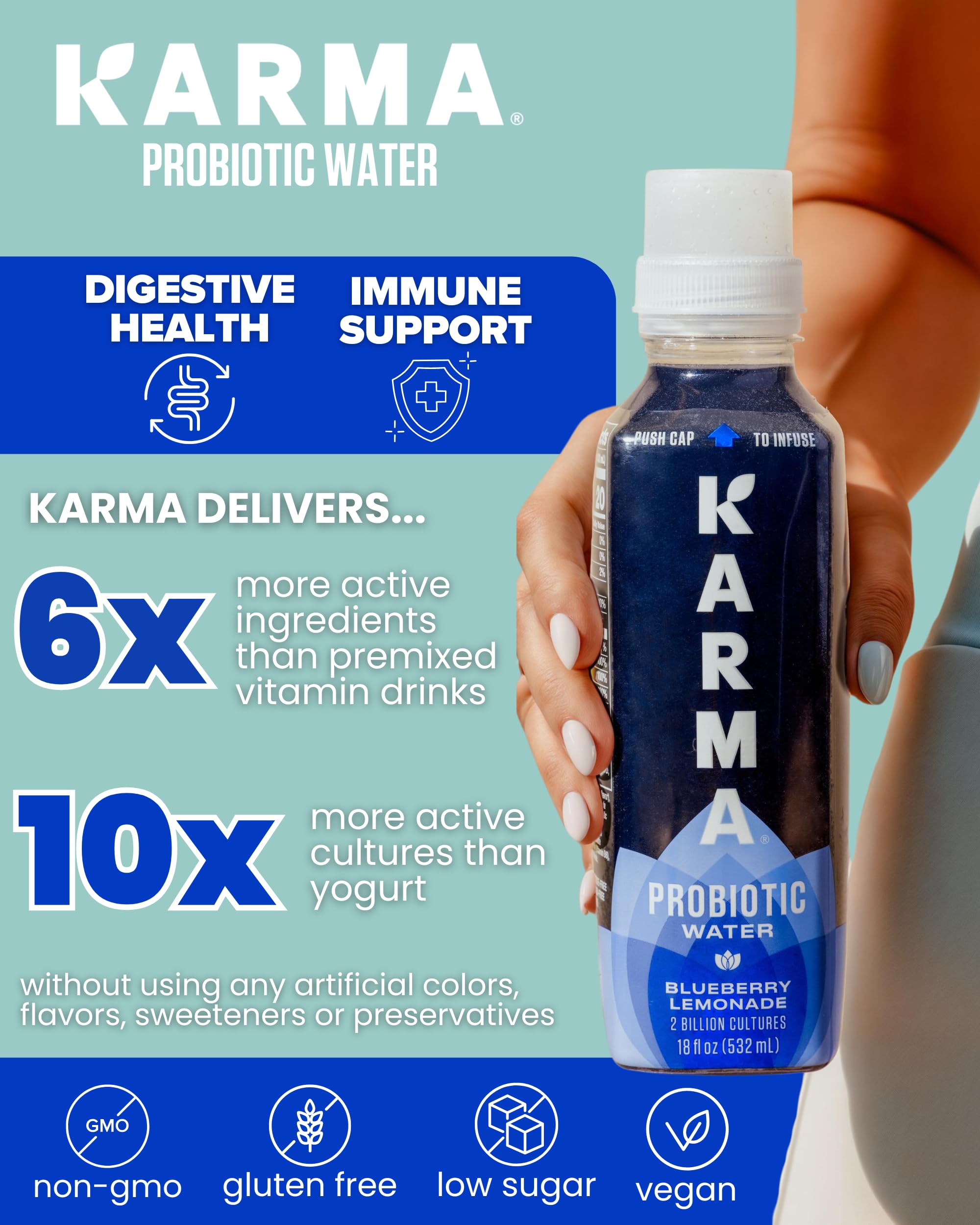 Karma Probiotic Water vitamin blend bottle closeup featuring essential vitamins