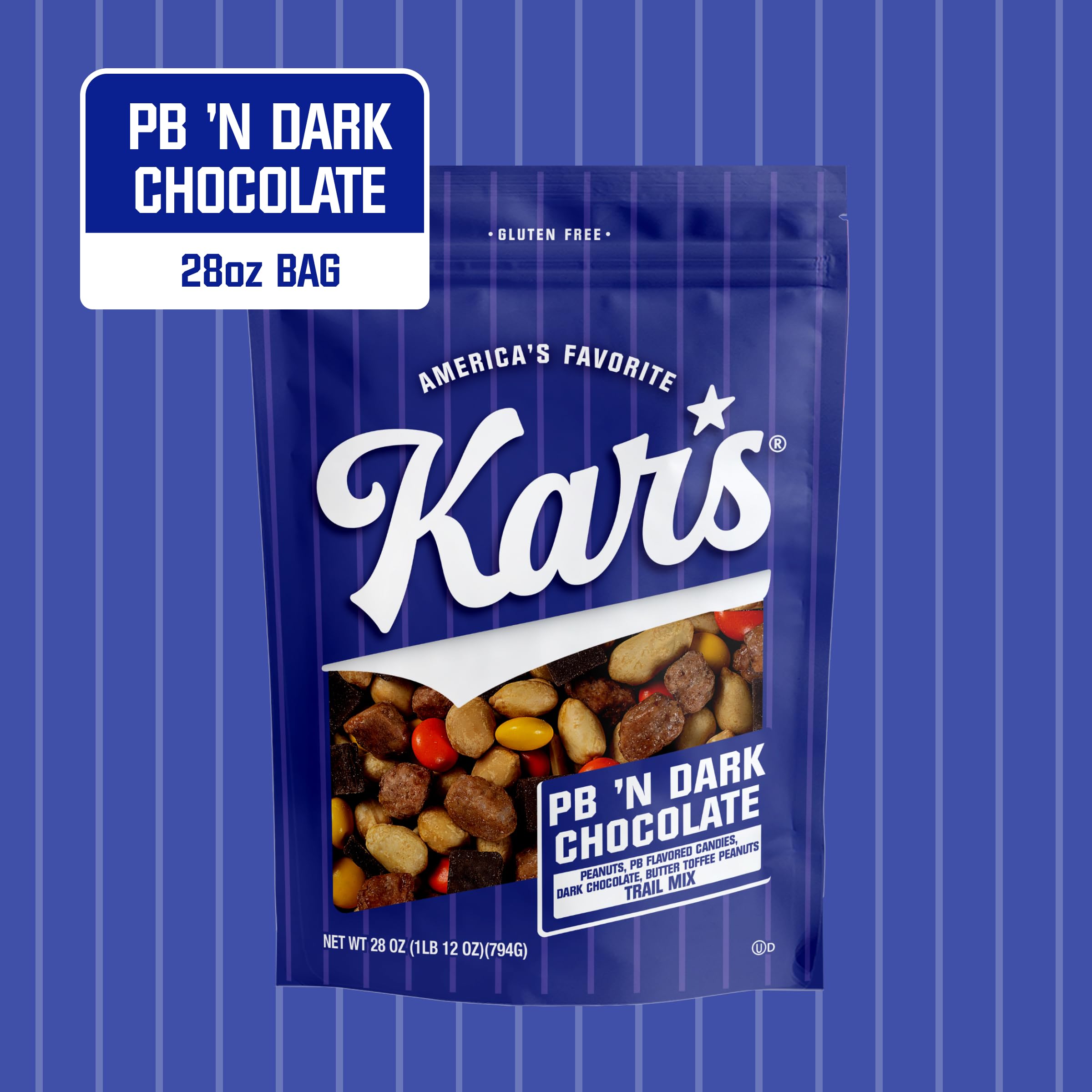 Close-up of dark chocolate chunks and roasted peanuts in Kar’s Trail Mix.