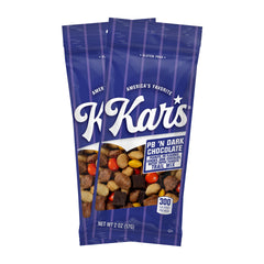 Kar’s Nuts Peanut Butter ’N Dark Chocolate Trail Mix 2oz pouch on display, ideal for on-the-go snacking.