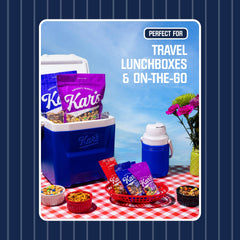 Kar's Nuts resealable pouch opened to reveal colorful trail mix
