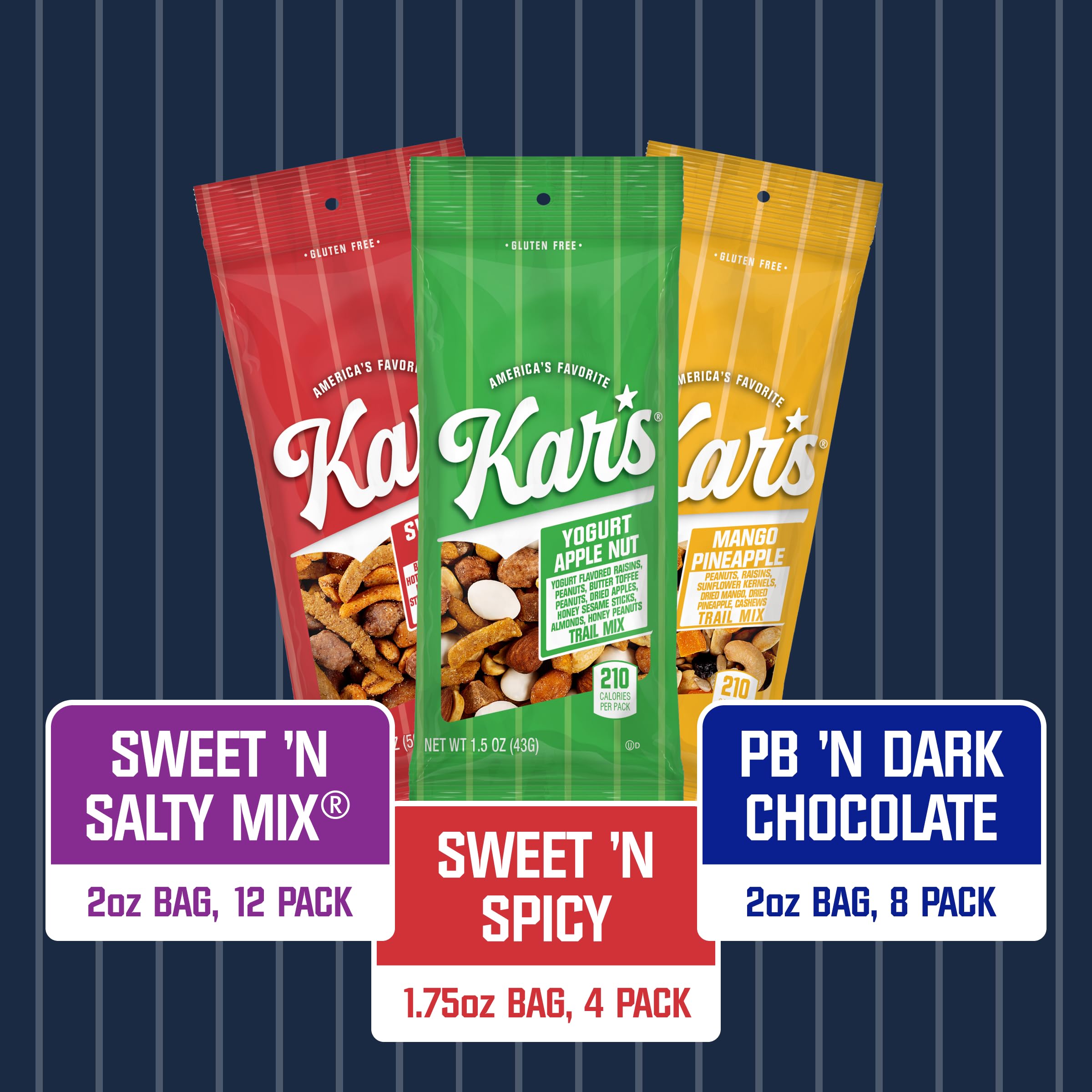 Kar's Nuts Sweet 'N Salty Trail Mix Variety Pack back view showing packaging details.