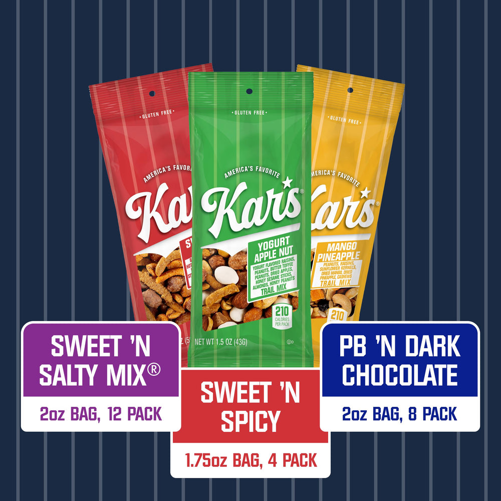 Kar's Nuts Sweet 'N Salty Trail Mix Variety Pack back view showing packaging details.