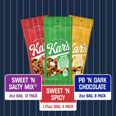 Kar's Nuts Sweet 'N Salty Trail Mix Variety Pack back view showing packaging details.