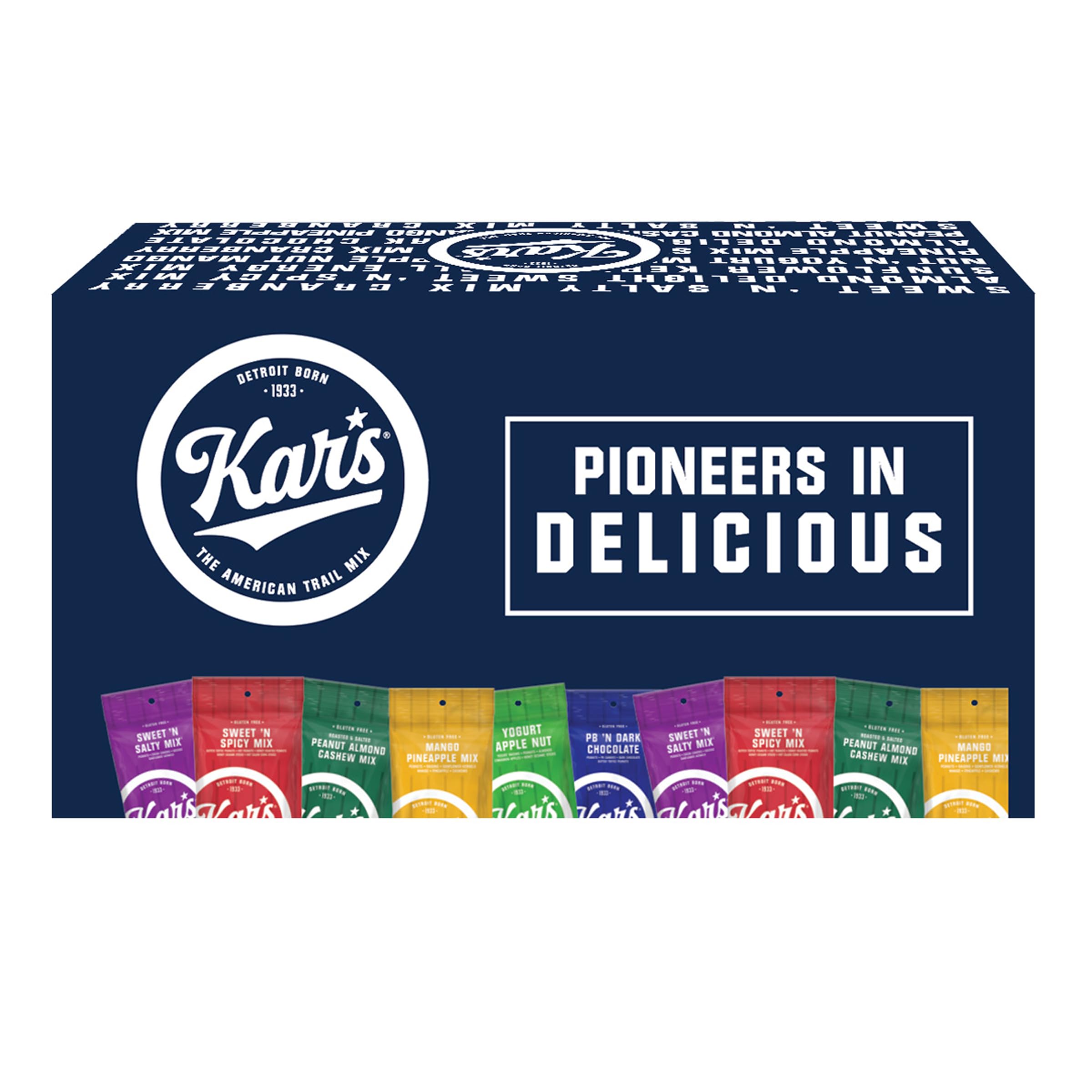 Kar's Nuts Sweet 'N Salty Trail Mix Variety Pack front view, convenient travel snack.