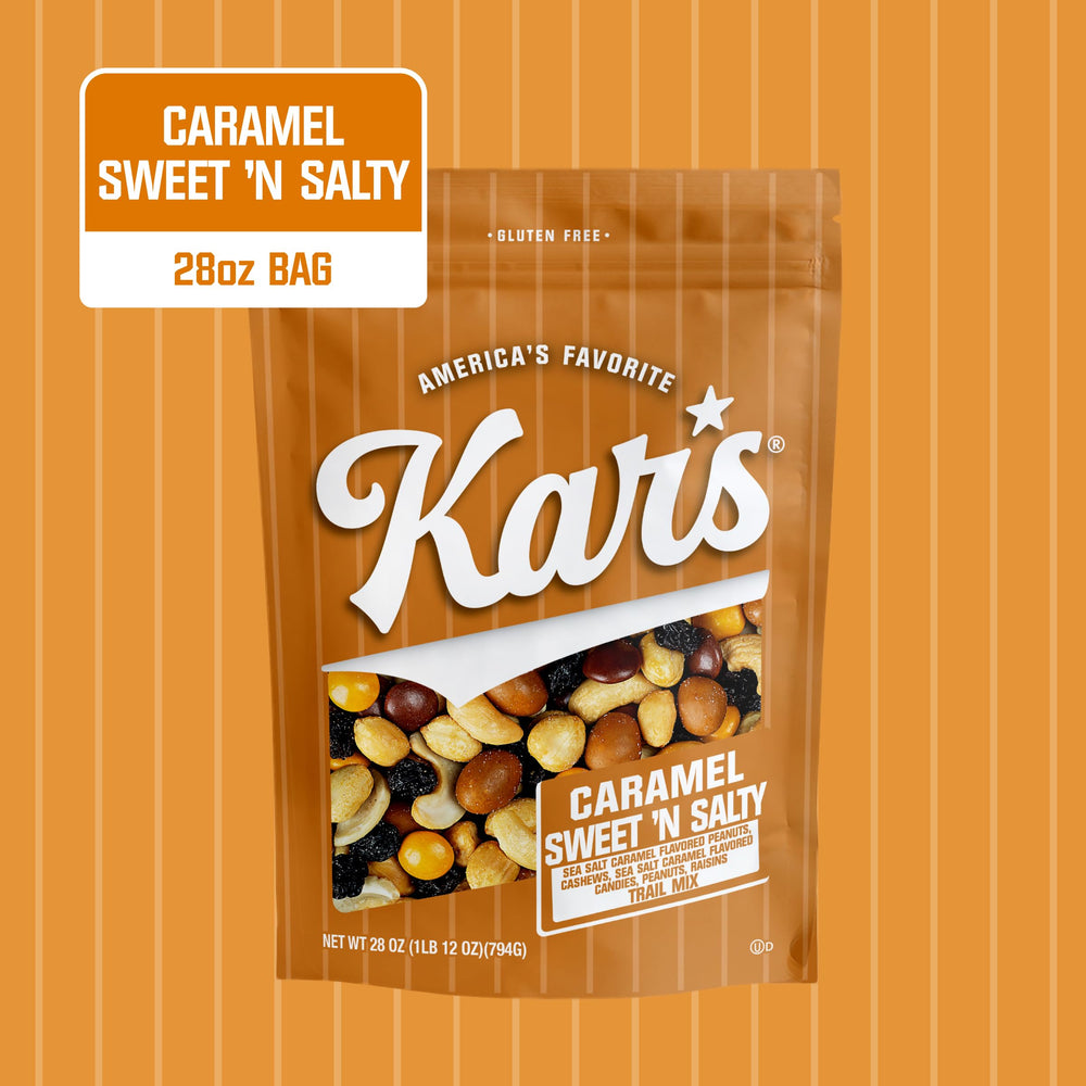 Kar's Nuts trail mix close-up with peanuts, cashews, and caramel pieces