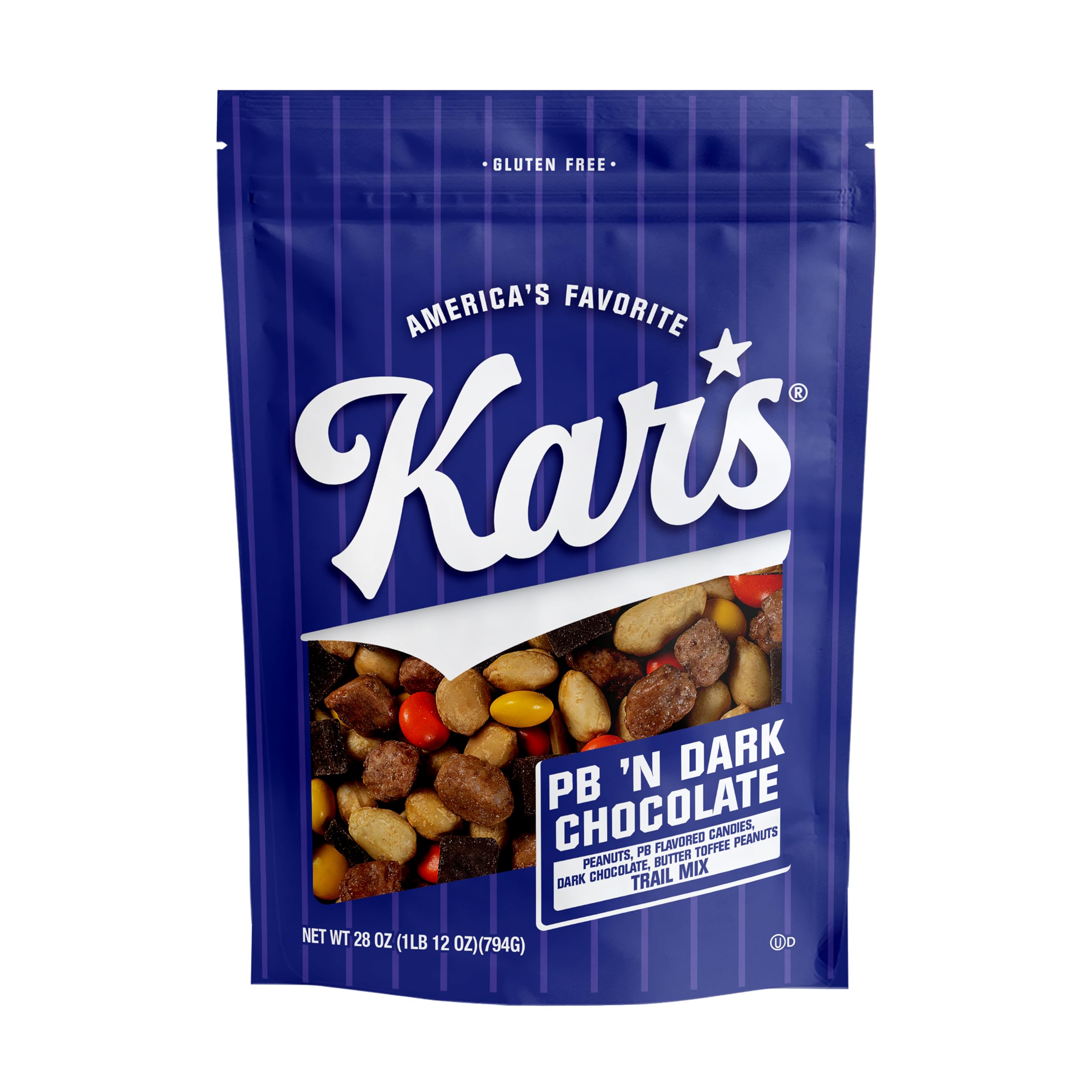Kar’s Nuts Peanut Butter ’N Dark Chocolate Trail Mix in resealable pouch for on-the-go snacking.