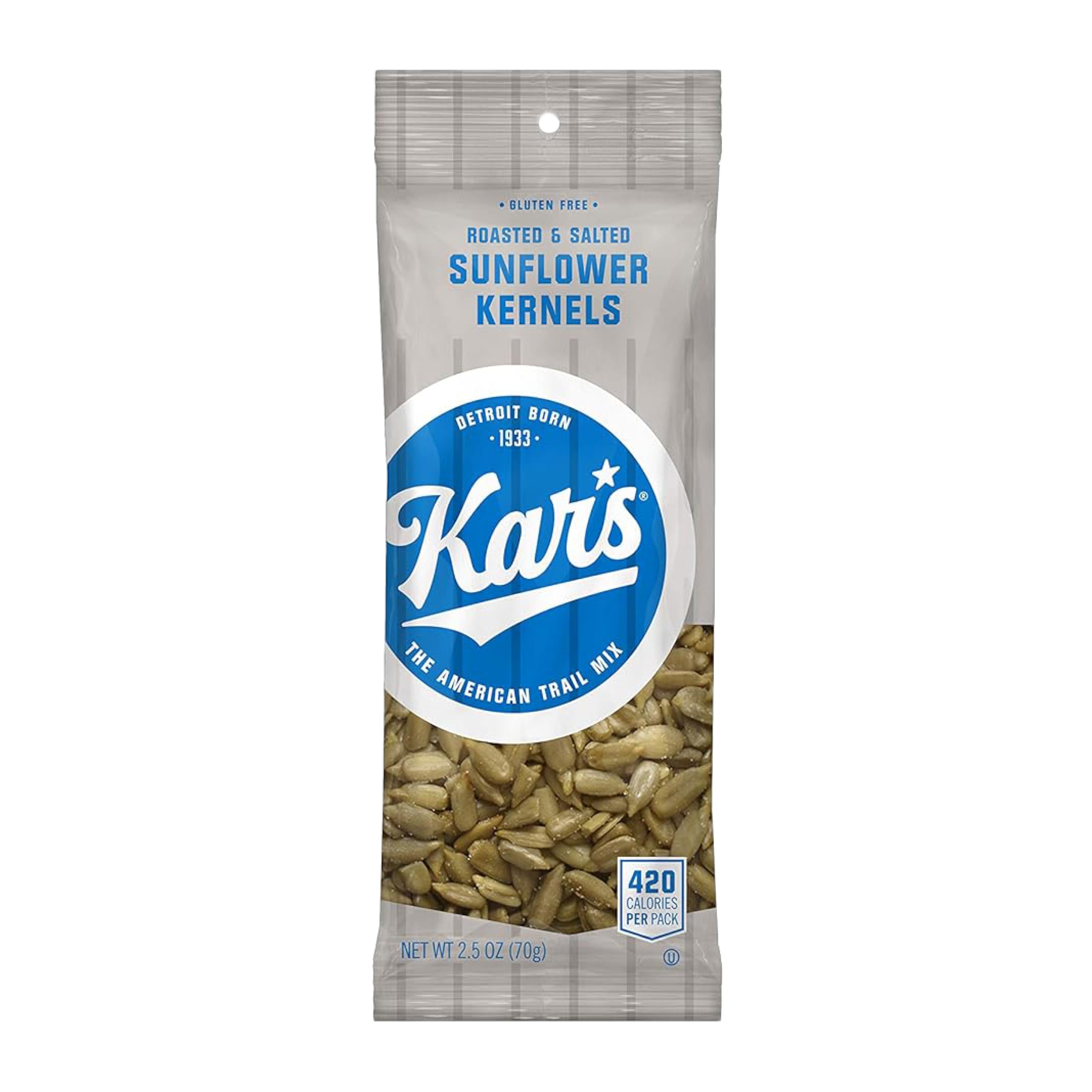 Kar's Sunflower Kernels roasted and salted in a 2.5 oz pack for on-the-go snacking