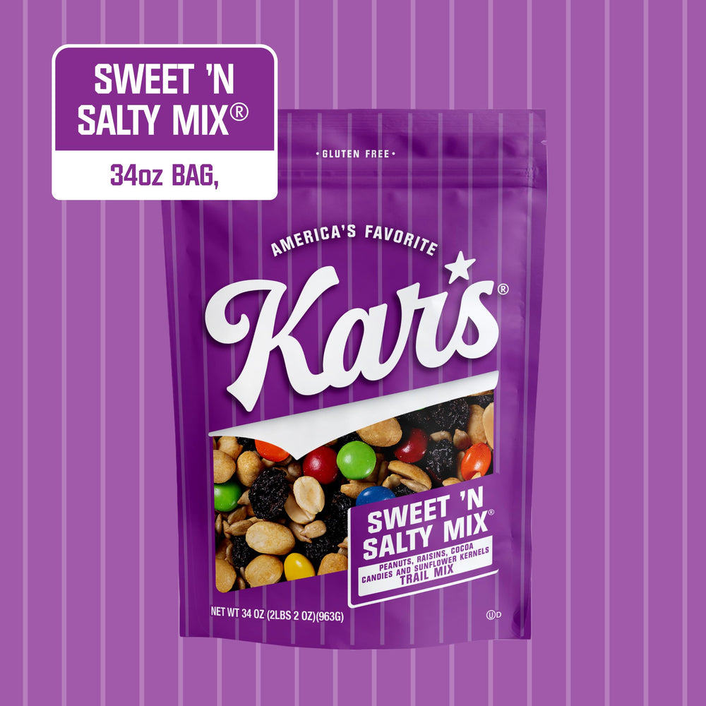 Kar’s Trail Mix close-up with peanuts, raisins, cocoa gems, sunflowers