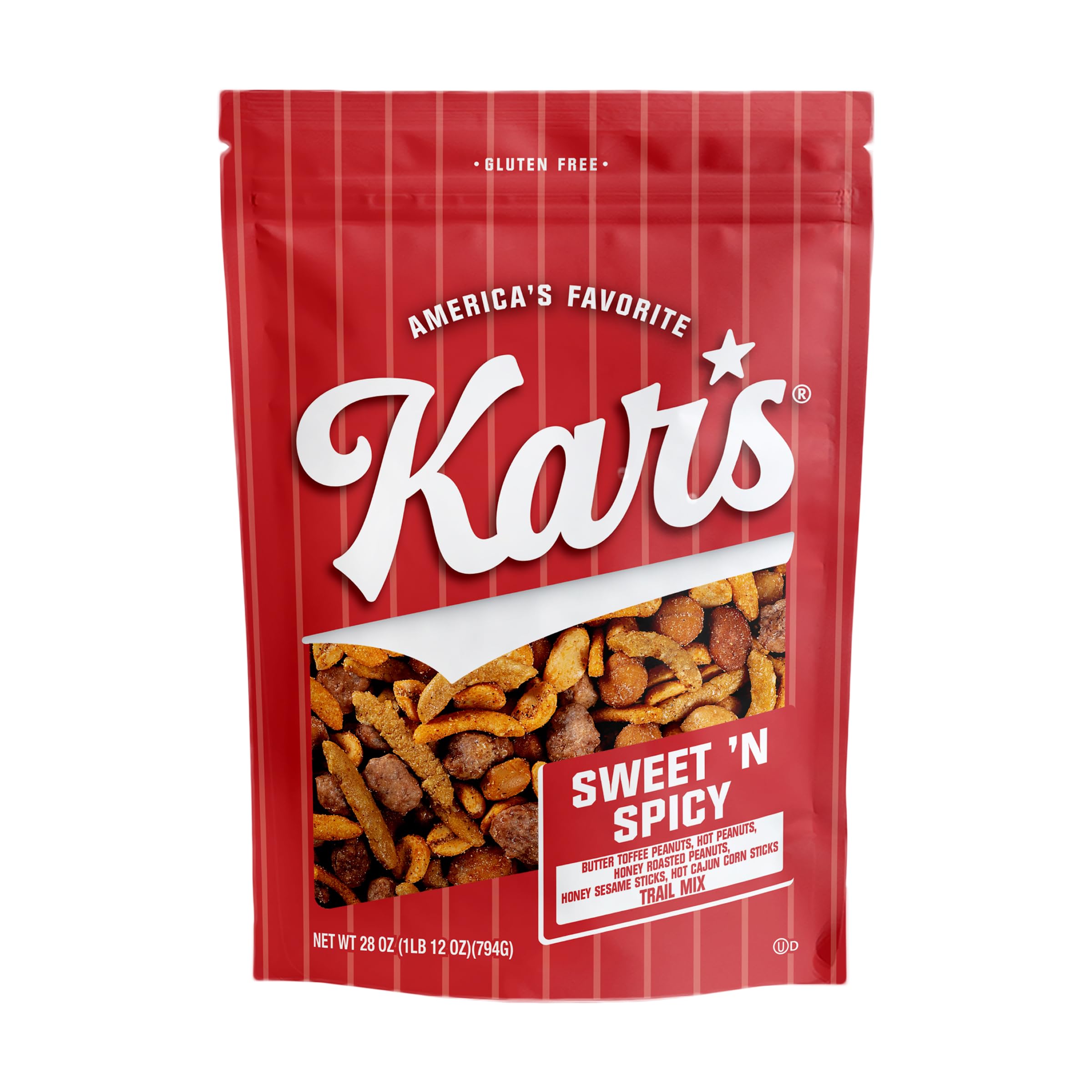 Kar's Sweet N Spicy Trail Mix in resealable pouch keeps snacks fresh anywhere