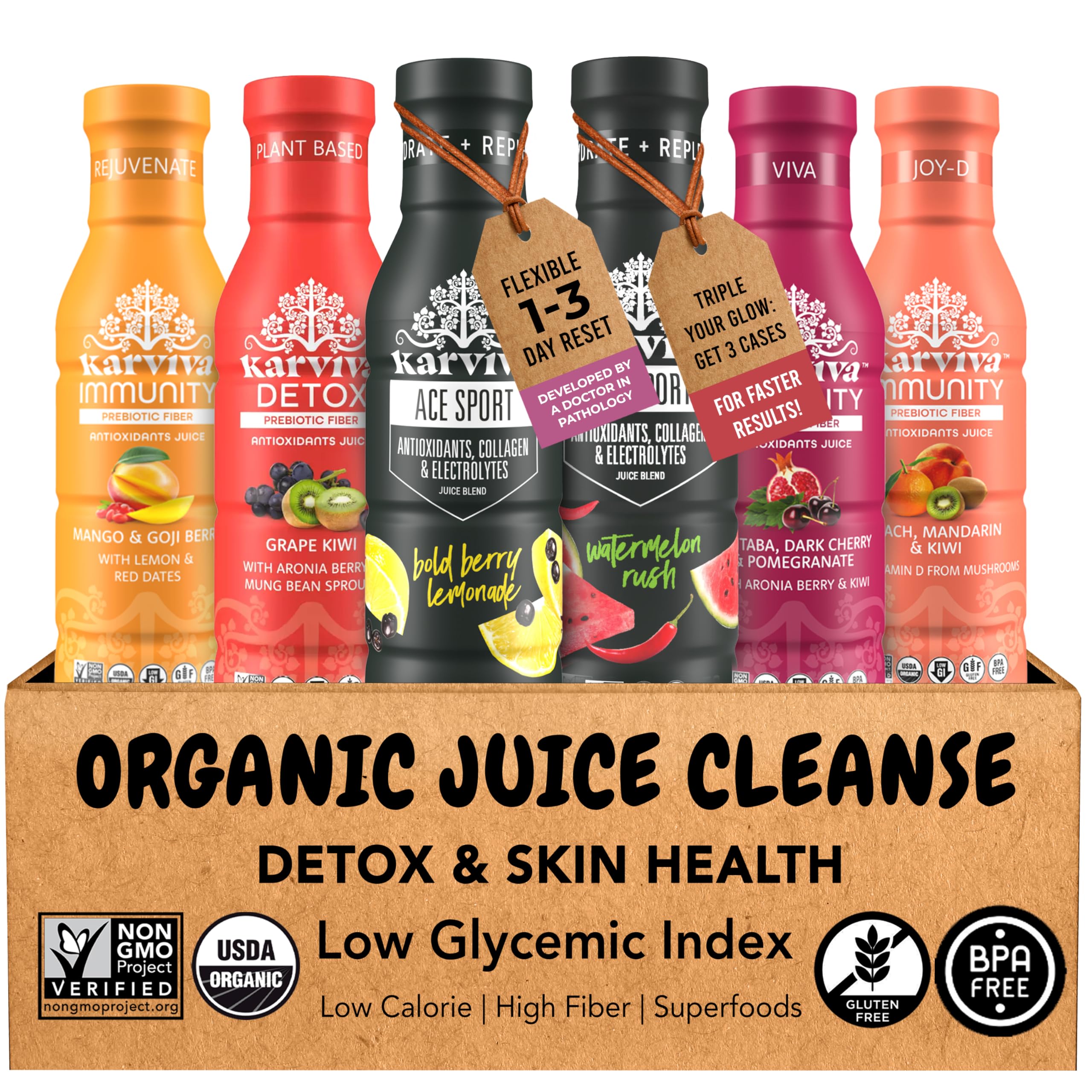 Karviva Balance bottle pour shows a refreshing, low-sugar detox for daily energy.