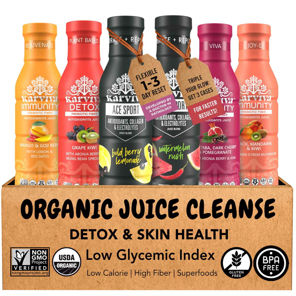 Karviva Balance bottle pour shows a refreshing, low-sugar detox for daily energy.