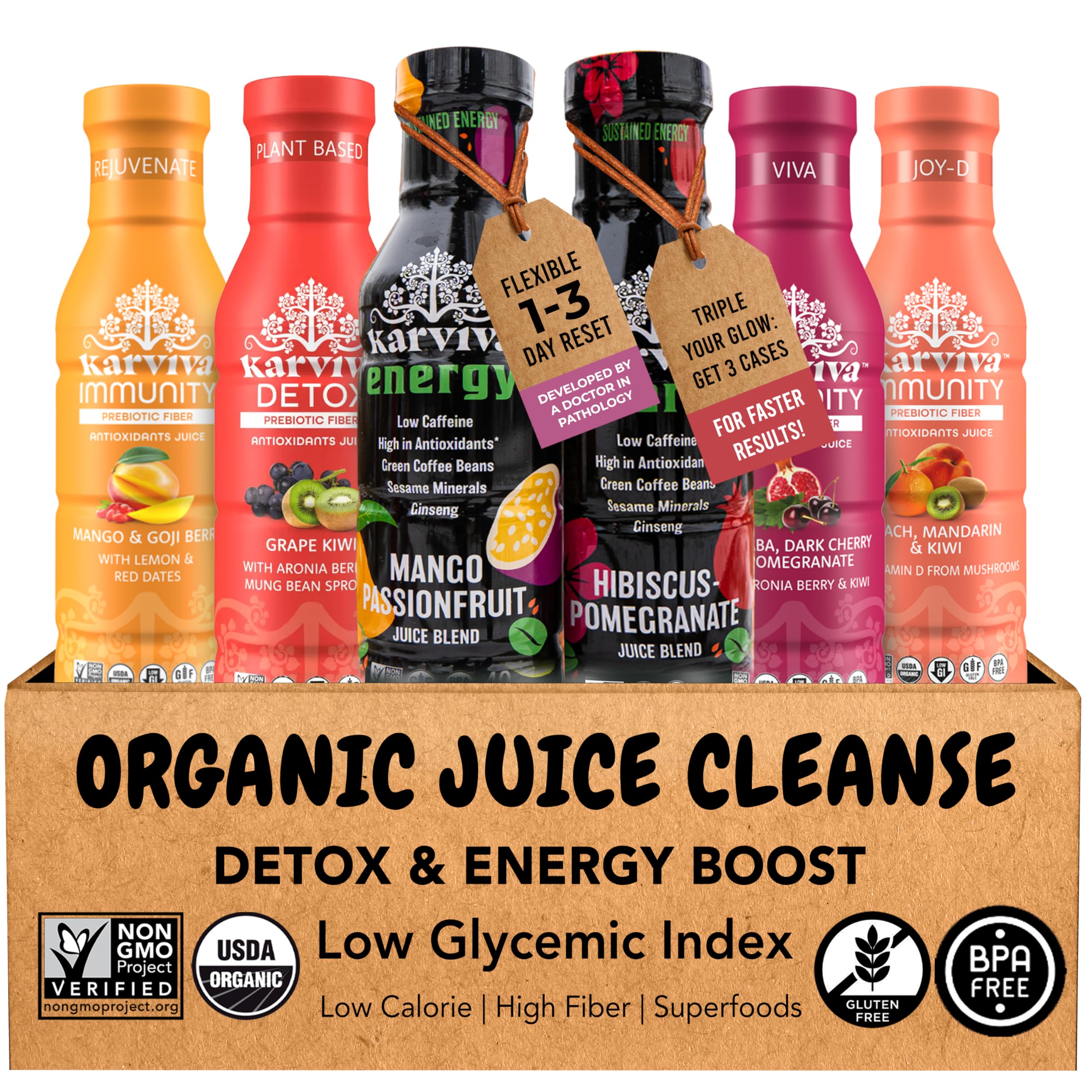 KARVIVA detox juice bottle with berry blend for gentle cleansing.