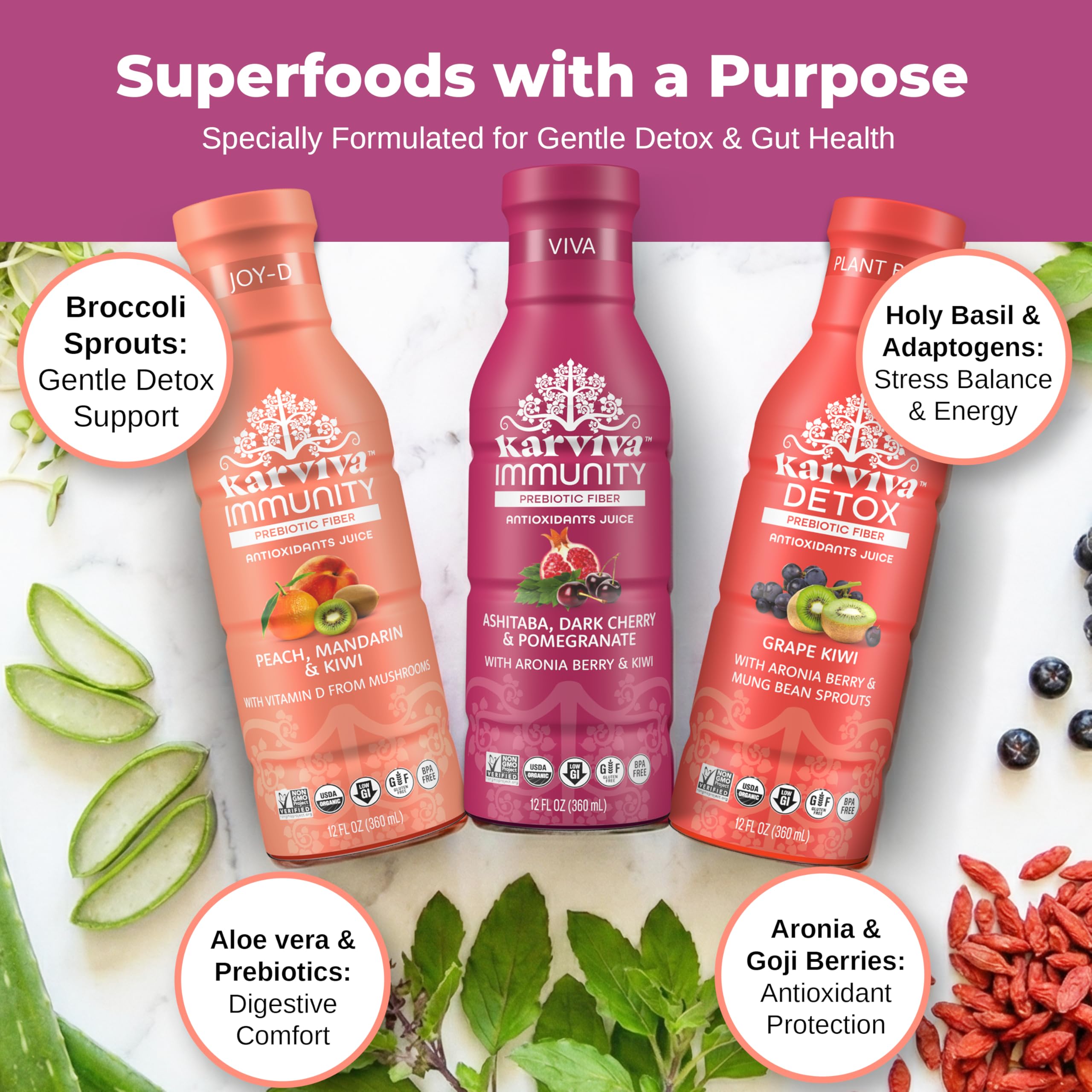Karviva juice cleanse bottle cherry-pomegranate emphasizes flavor complexity and gentle cleansing potential.