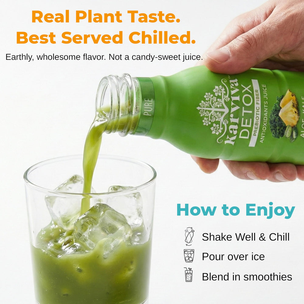Karviva juice cleanse bottle pour captures easy serving and smooth mouthfeel.