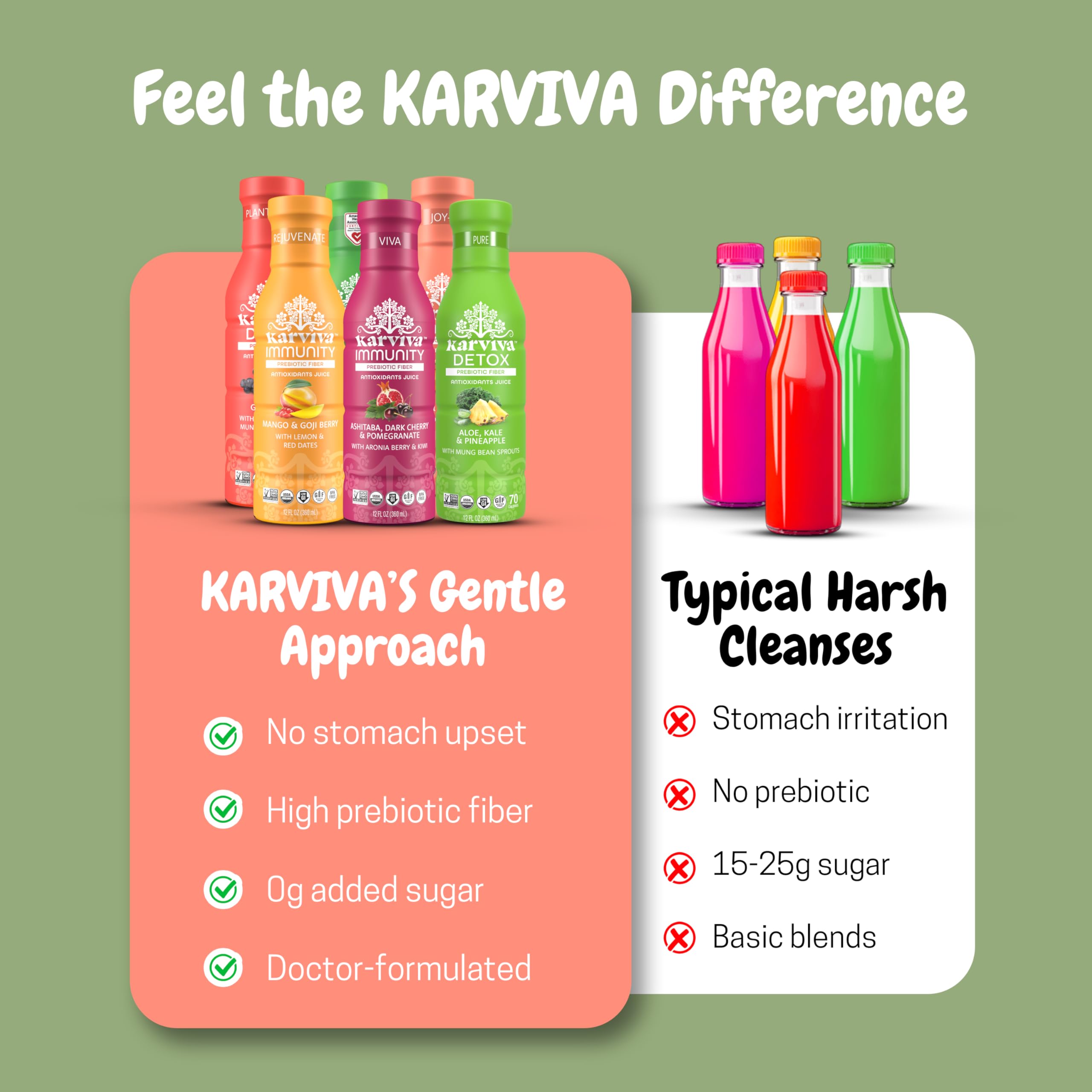 Karviva Low-sugar High-fiber label emphasizes nutrient-dense, gut-friendly detox potential.