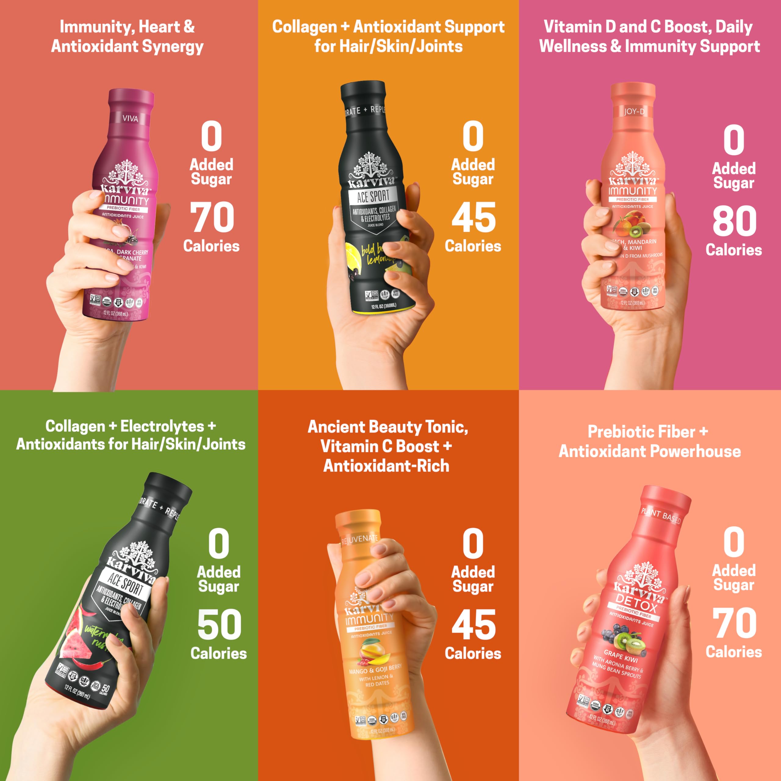 Karviva Variety-pack flavors display tangy berry lemonade and tropical blends.