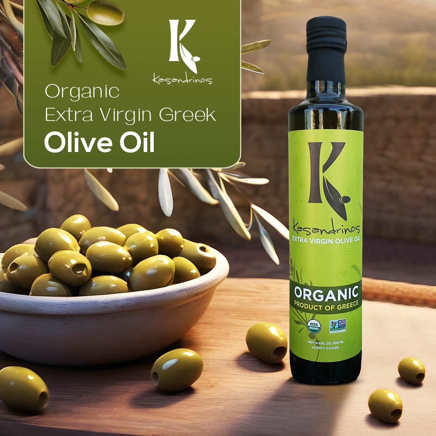 Kasandrinos Olive Oil amber glass bottle highlights freshness.