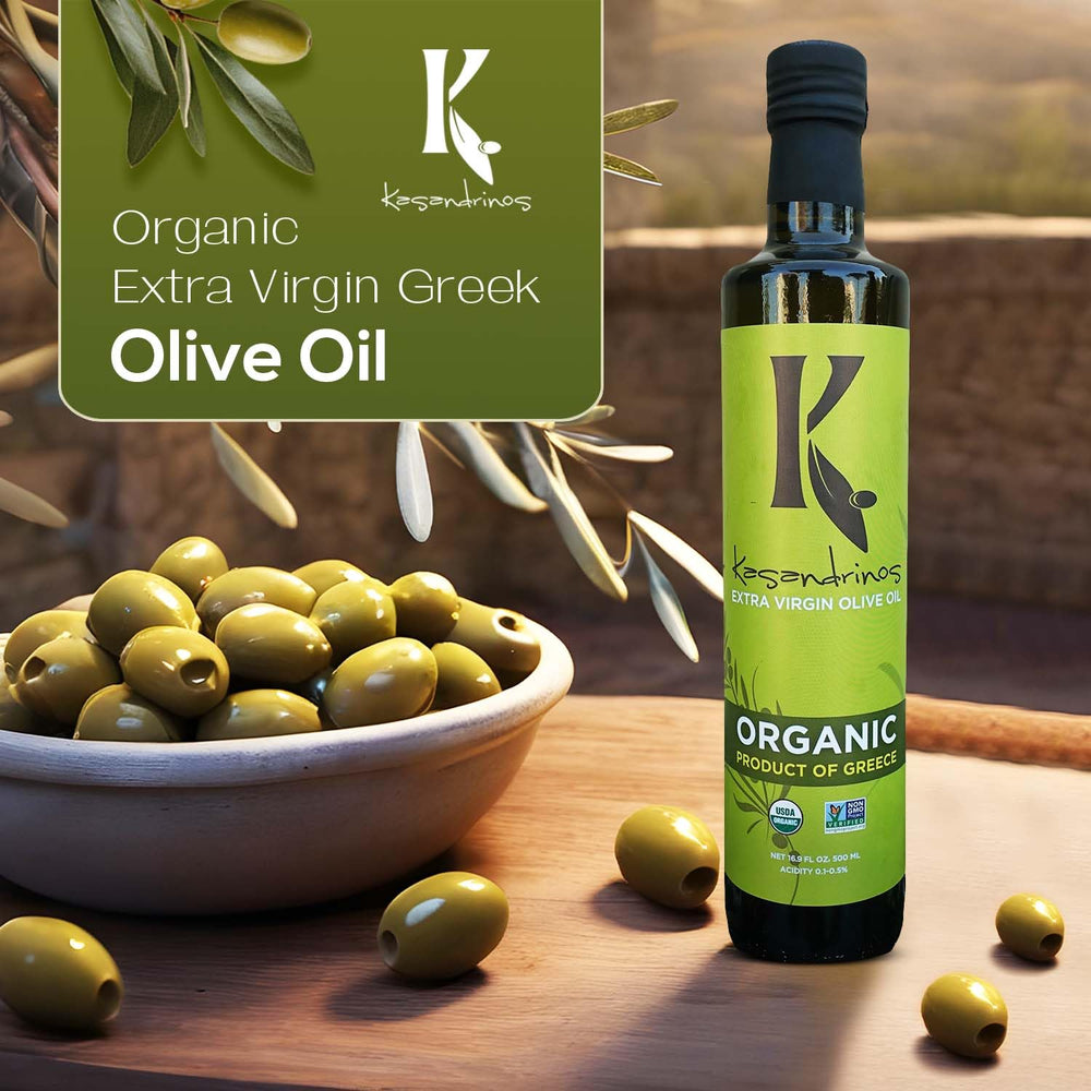 Kasandrinos Olive Oil amber glass bottle highlights freshness.