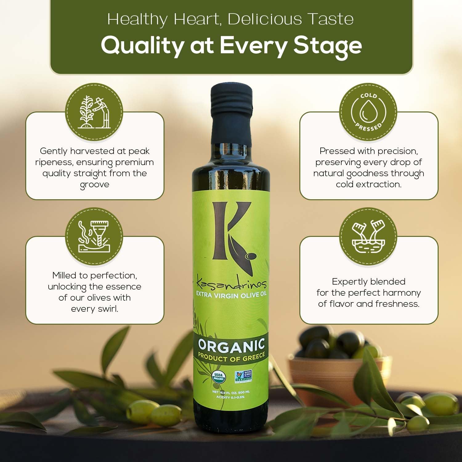 Kasandrinos Olive Oil close-up shows vibrant golden-green color.