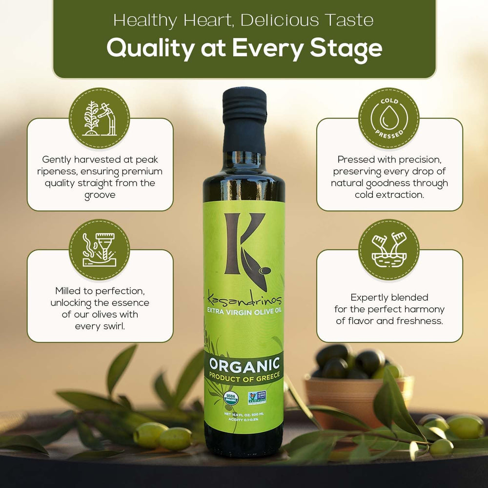 Kasandrinos Olive Oil close-up shows vibrant golden-green color.