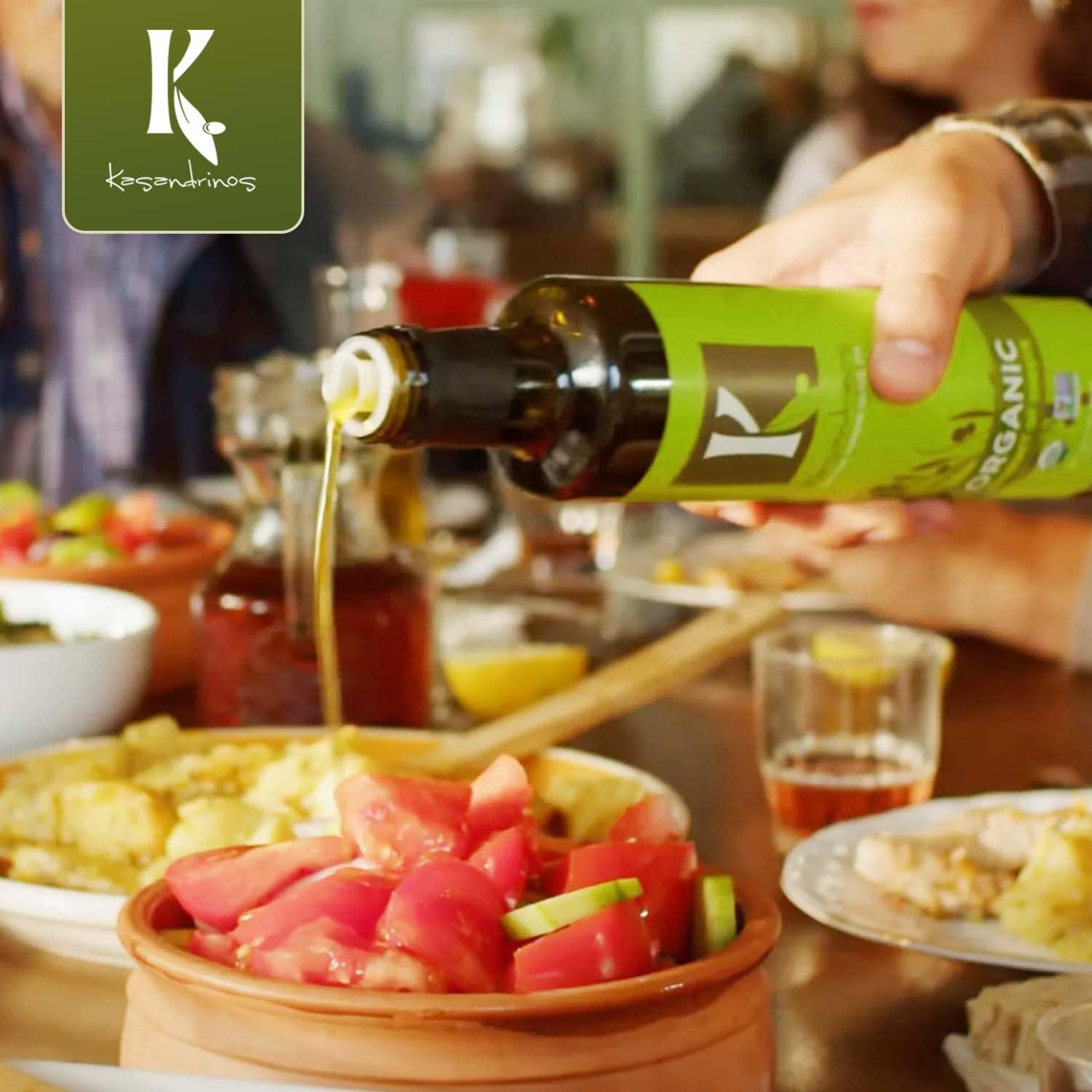 Kasandrinos Olive Oil label close-up shows certifications and origin.