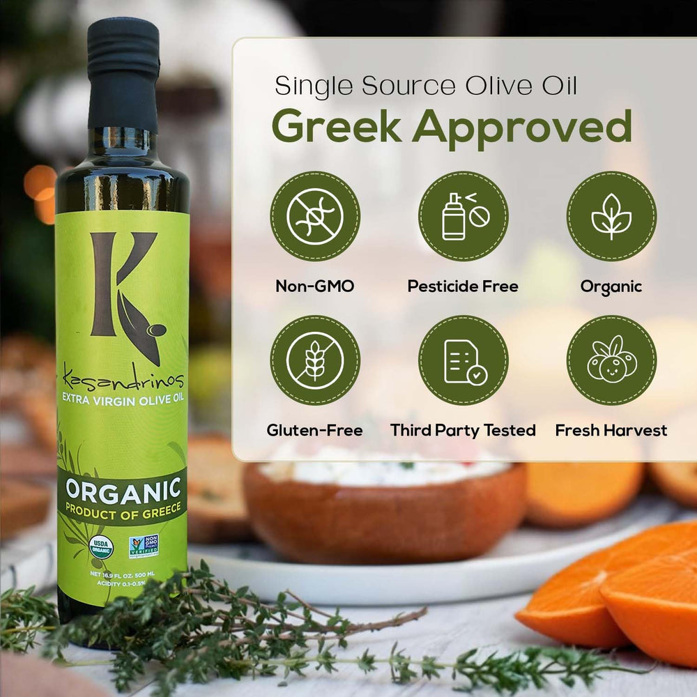 Kasandrinos Organic Olive Oil in kitchen dressing context.