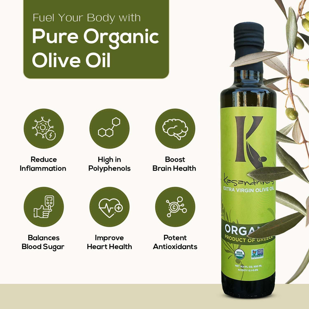 Kasandrinos polyphenol-rich olive oil drops emphasize flavor boost.