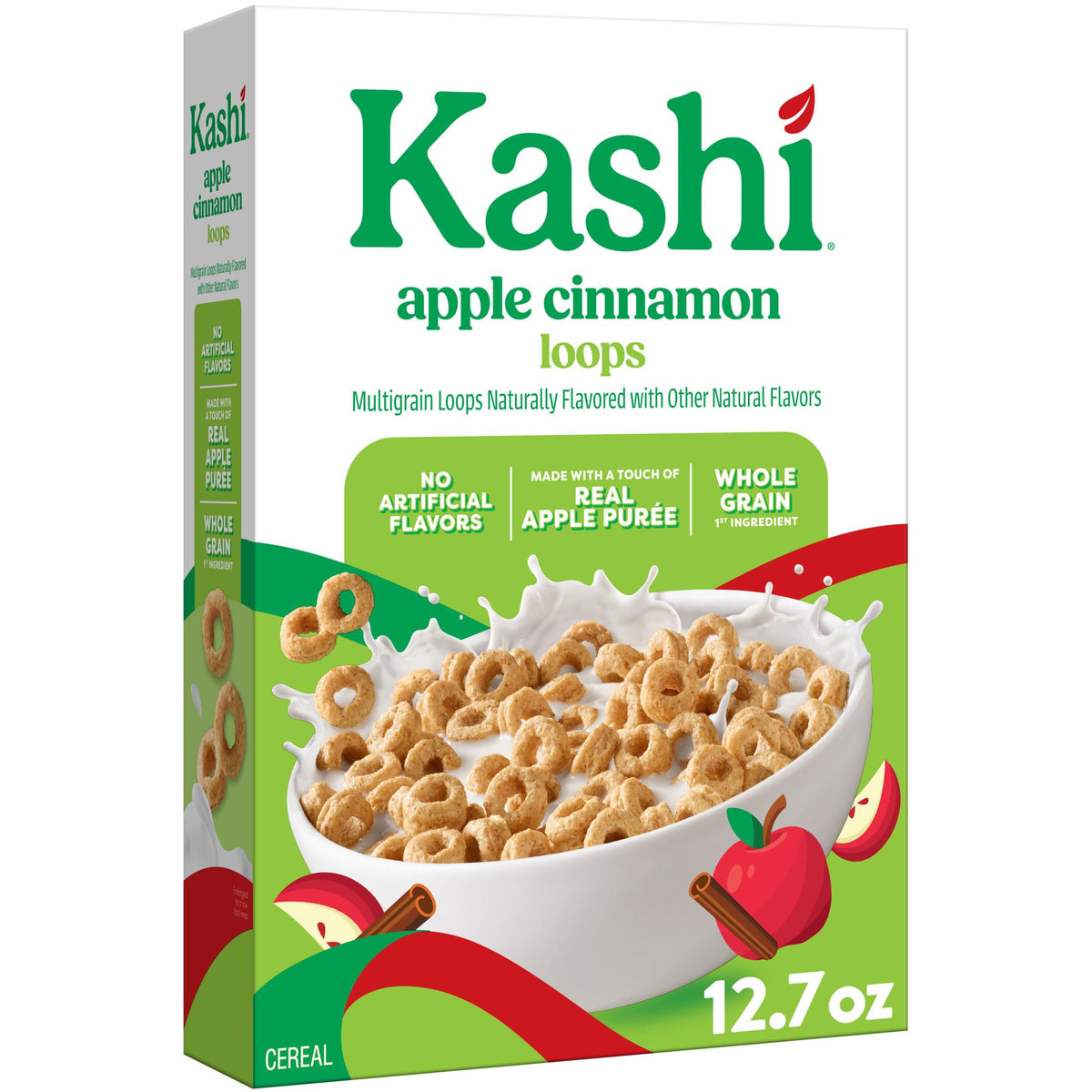 Kashi Apple Cinnamon Loops bowl with milk, fiber-rich breakfast option.