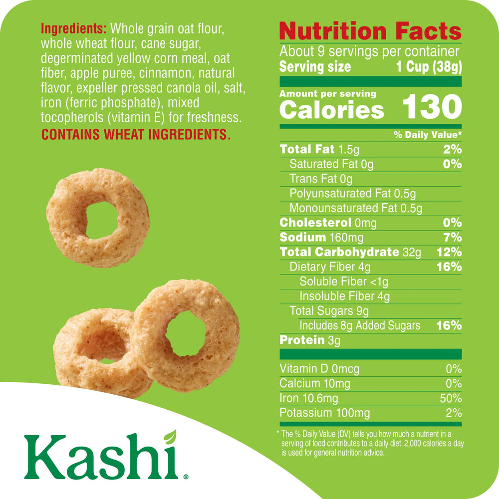 Kashi Apple Cinnamon Loops being poured with milk, convenient morning meal.
