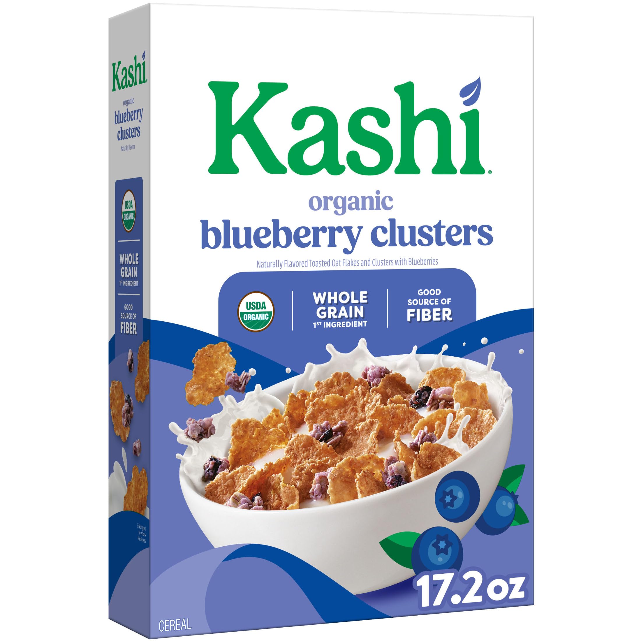 Kashi Blueberry Clusters box showing organic whole grain ingredients for breakfast
