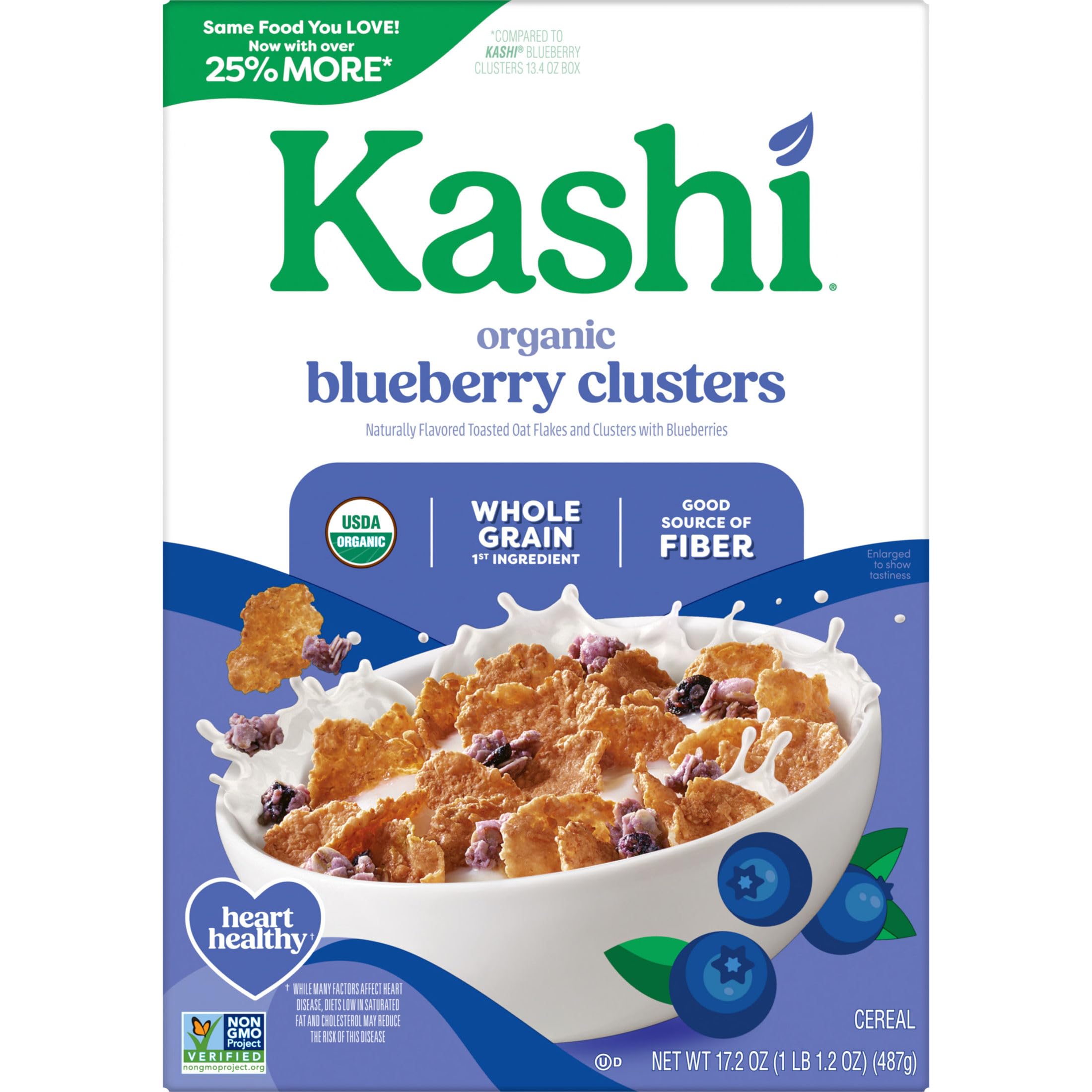 Packaging close-up showing organic, non-GMO attributes for Kashi cereal