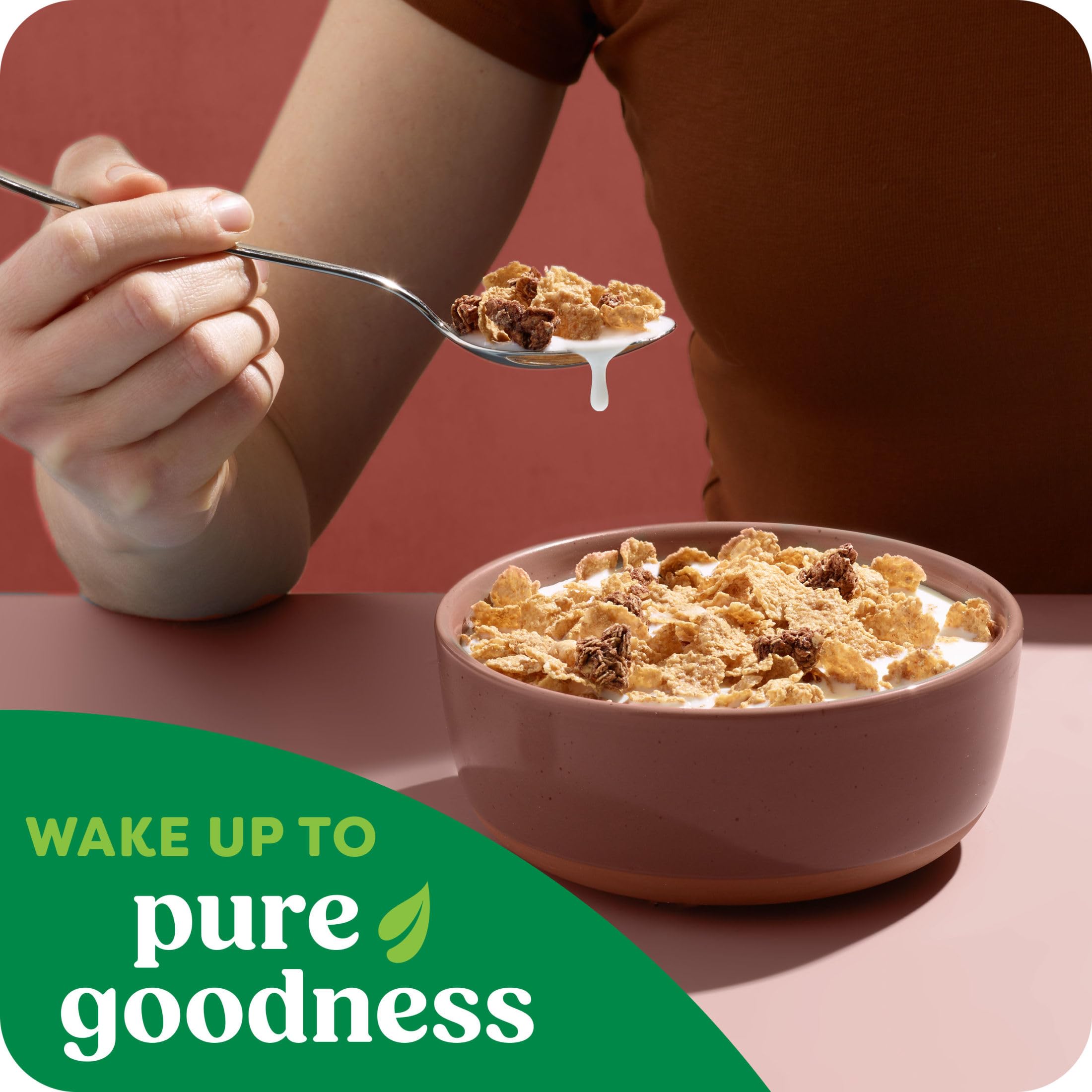 Pouring milk over Kashi cereal; easy, versatile breakfast on busy days