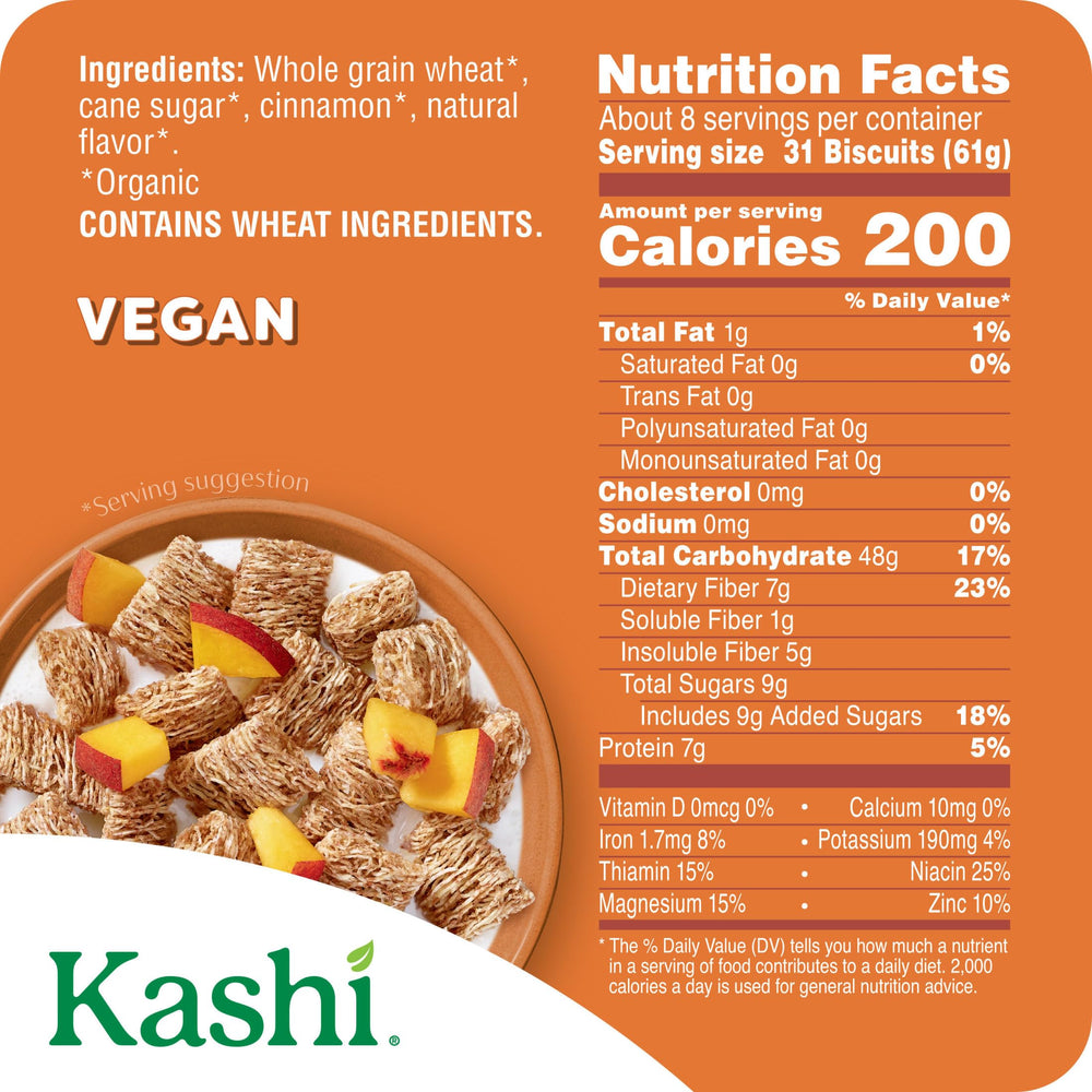 Kashi Cinnamon Harvest cereal in a bowl with milk, rich cinnamon crunch