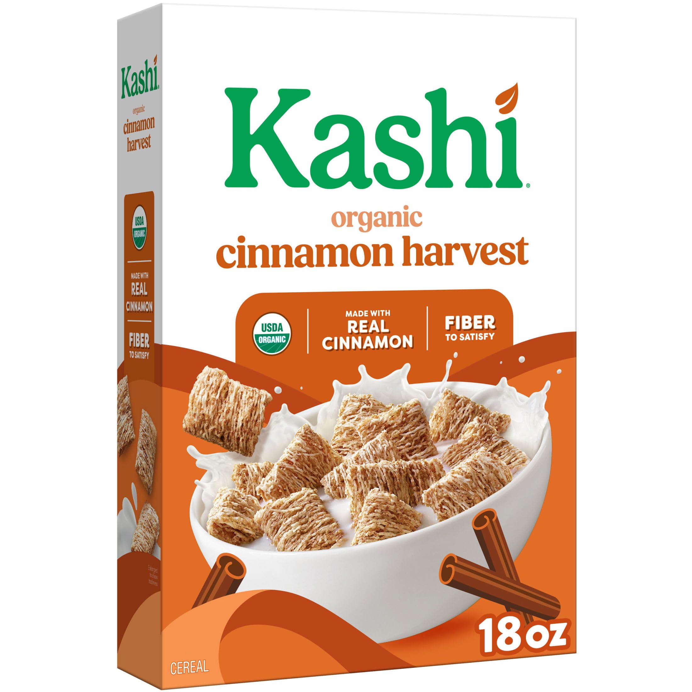 Kashi Cinnamon Harvest cereal box on kitchen counter, organic breakfast option