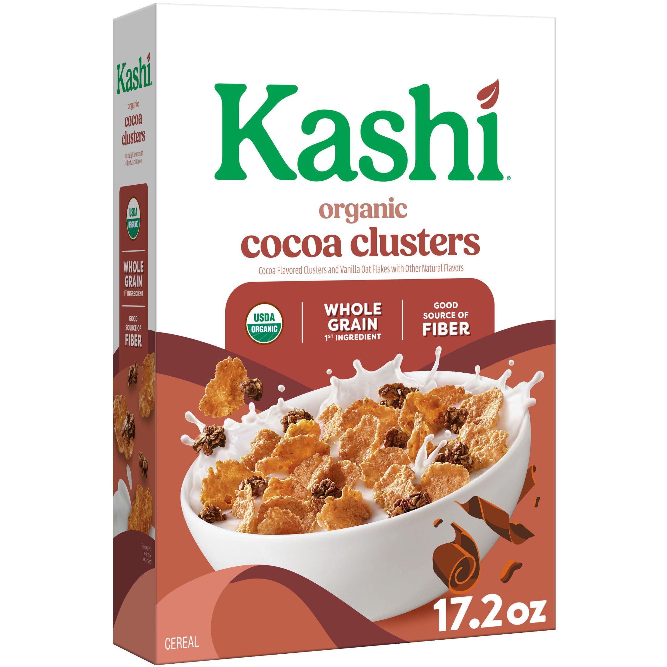 Kashi Cocoa Clusters cereal box on counter; organic whole grains for a balanced breakfast