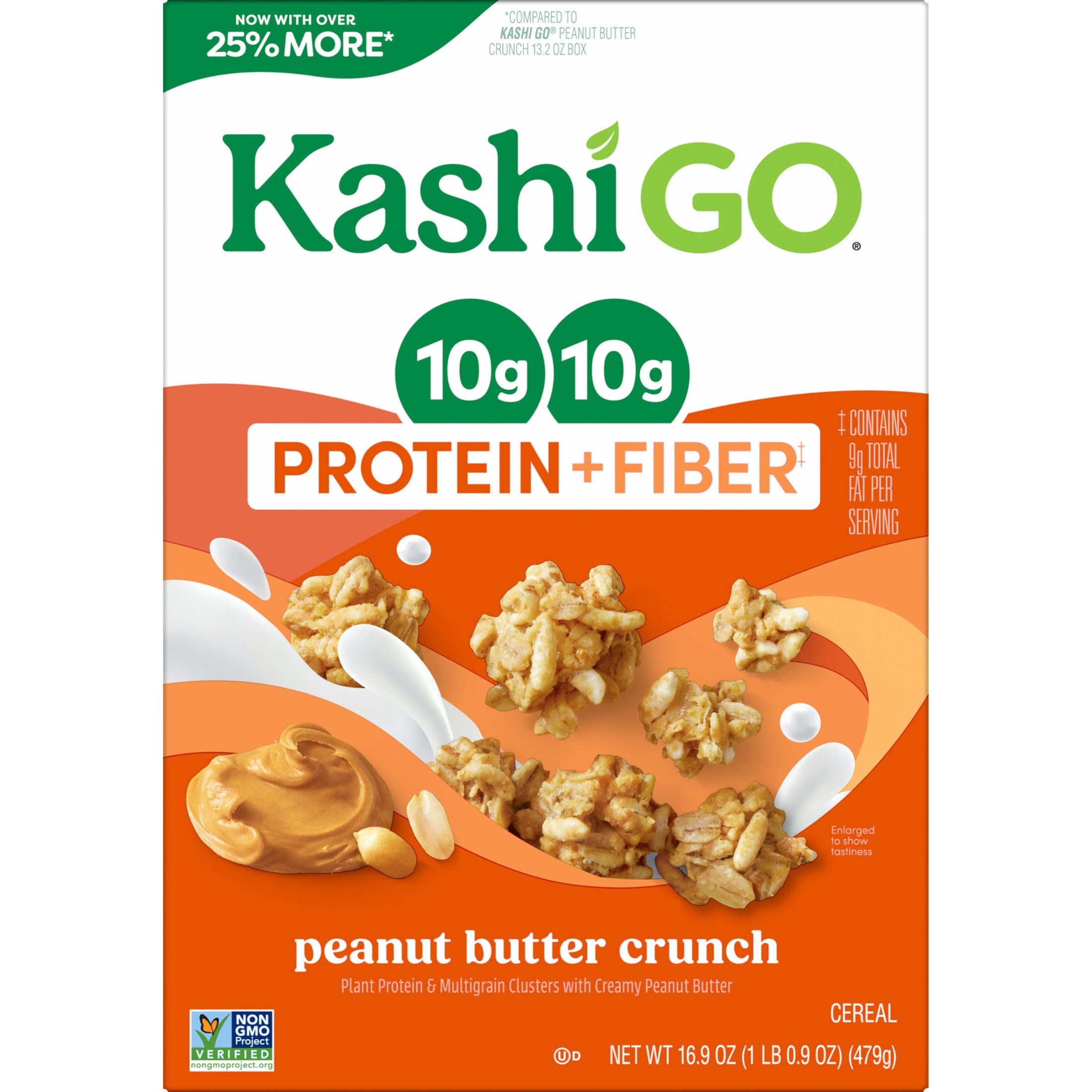 Kashi GO Peanut Butter Crunch non-GMO cereal with 10g fiber per serving.