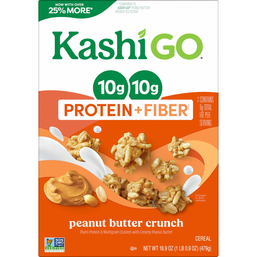 Kashi GO Peanut Butter Crunch non-GMO cereal with 10g fiber per serving.