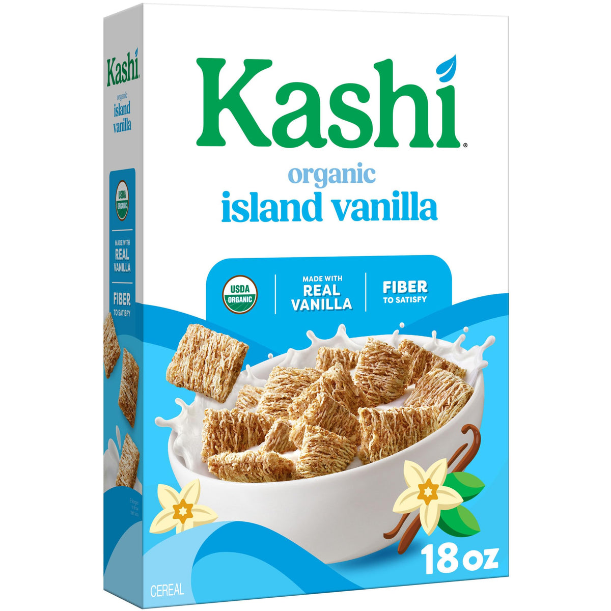 Kashi Island Vanilla cereal box showcases organic ingredients for a wholesome breakfast.