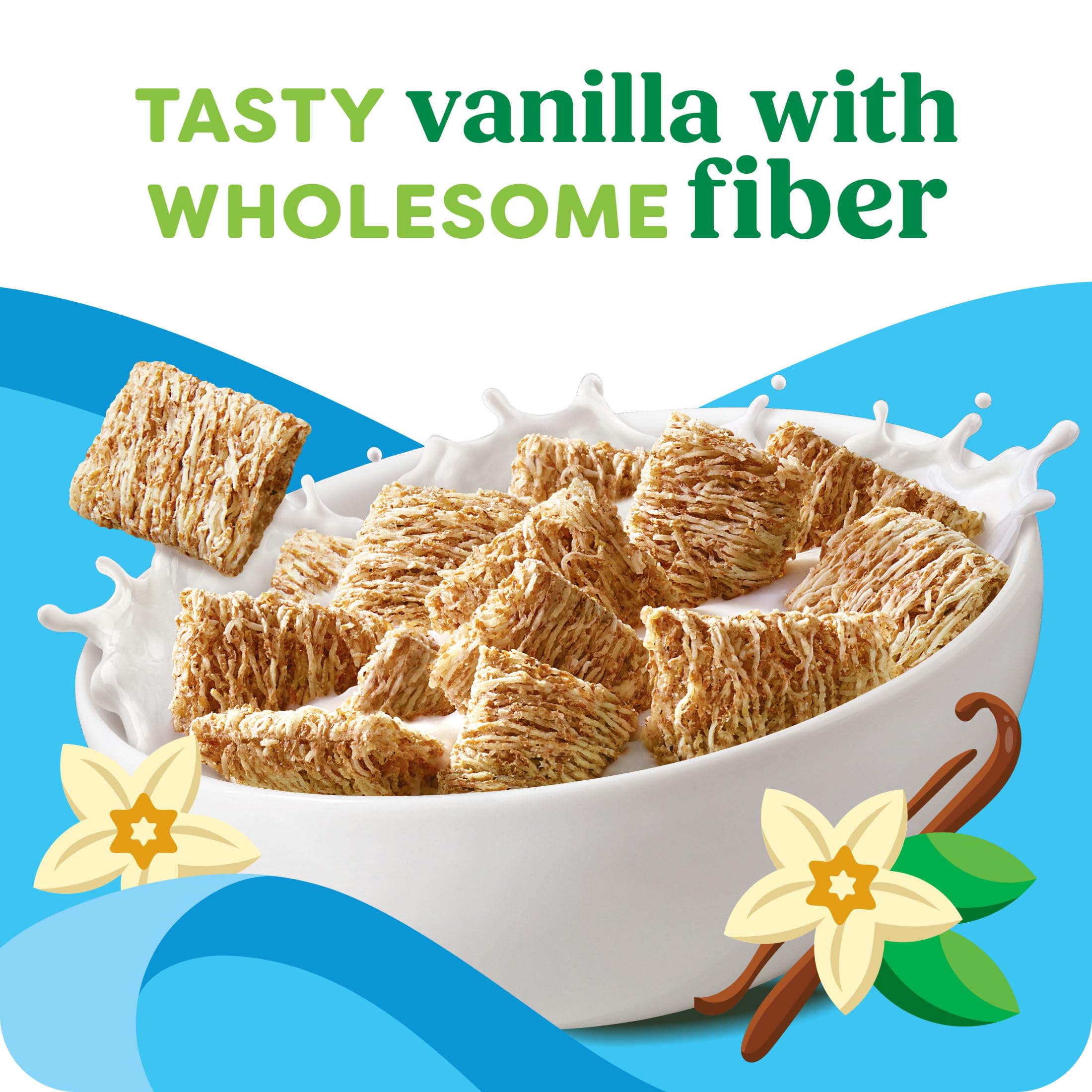Cereal packaging close-up emphasizing vegan, non GMO features.