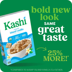 Spoonful of Kashi Island Vanilla cereal highlighting vanilla flavor and crunchy texture.