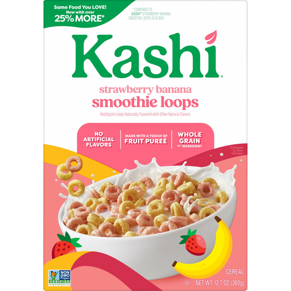 Pouring milk over Kashi Strawberry Banana Smoothie Loops for a creamy breakfast