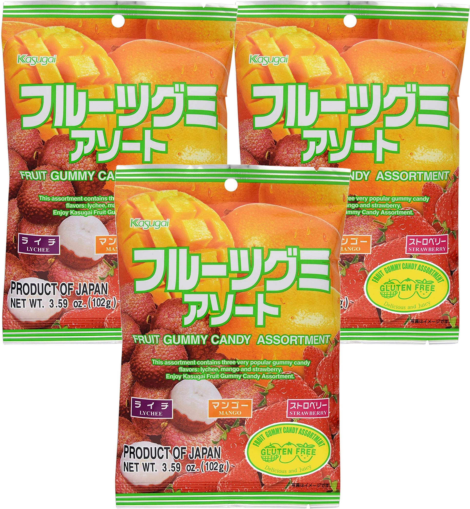Kasugai Fruit Assort Gummy 3-pack bags offer soft, juicy candy with real fruit juice.