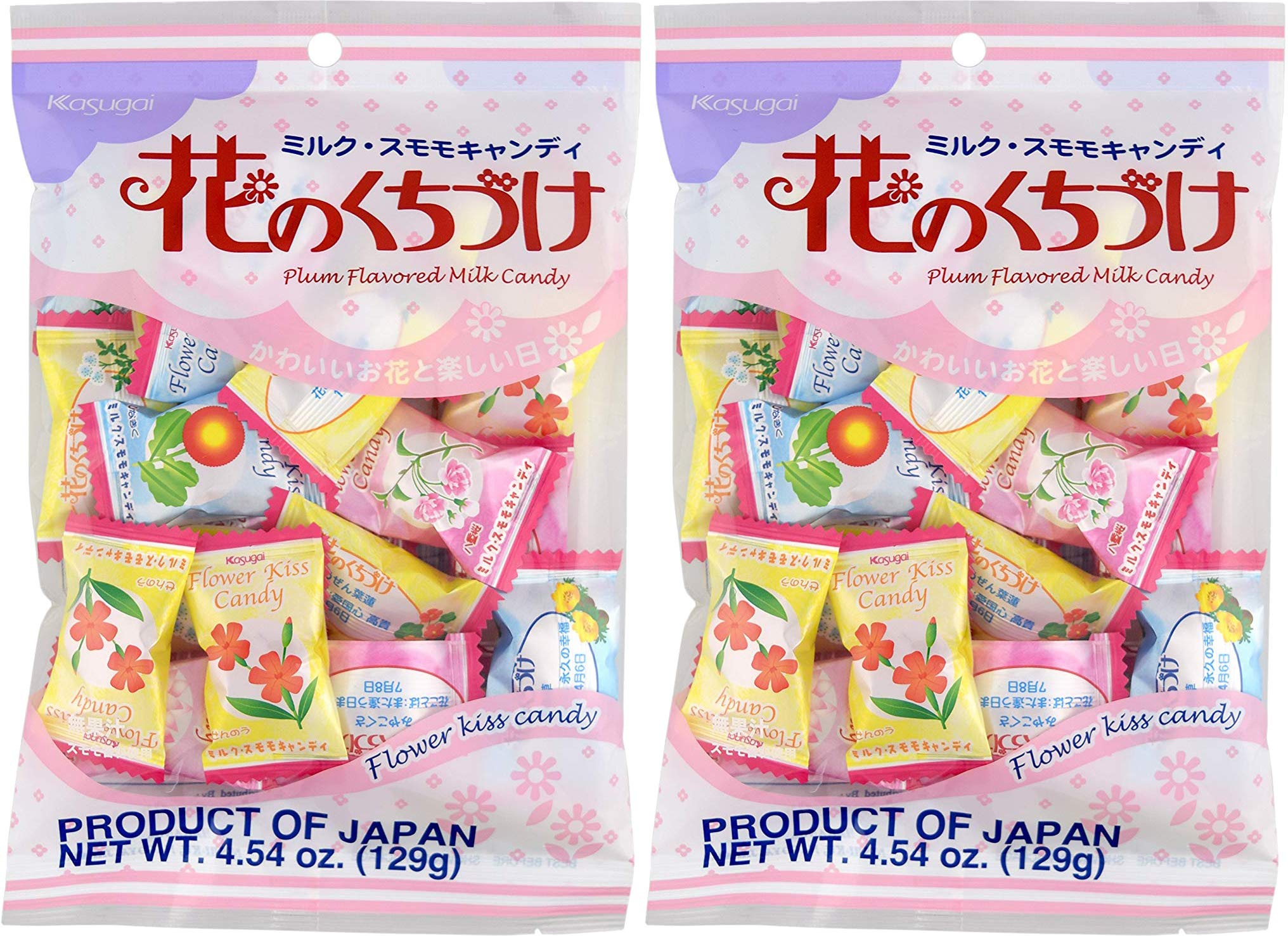 Kasugai Hana no Kuchizuke candy 2-pack with plum-milk flavor and birth flower imagery for floral-inspired snacking