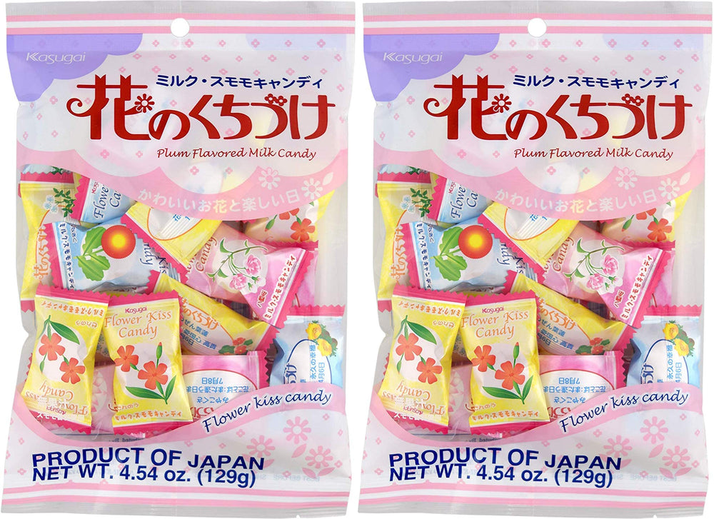 Kasugai Hana no Kuchizuke candy 2-pack with plum-milk flavor and birth flower imagery for floral-inspired snacking