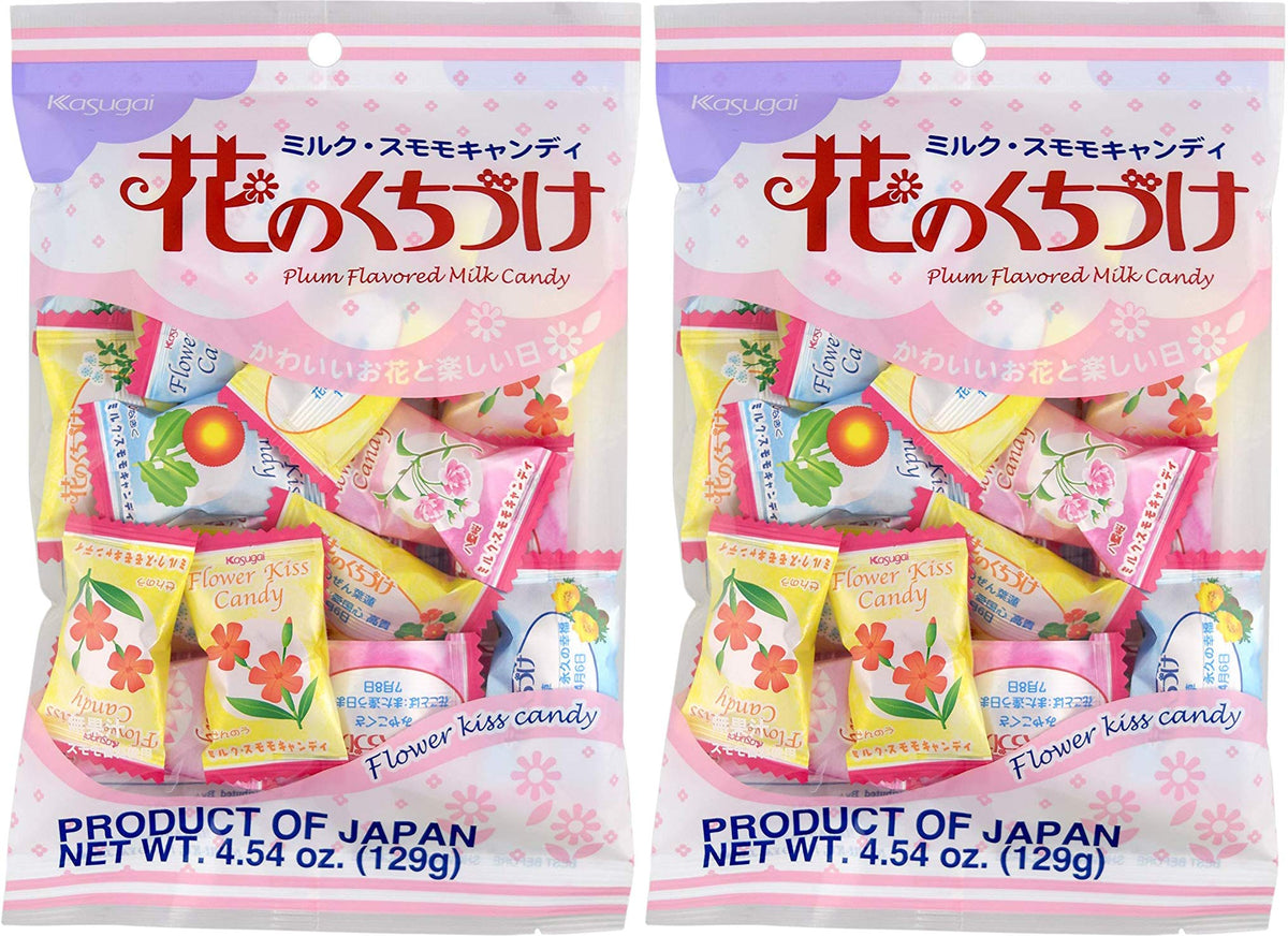 Kasugai Hana no Kuchizuke candy 2-pack with plum-milk flavor and birth flower imagery for floral-inspired snacking