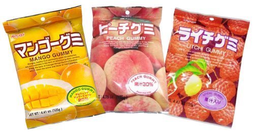 Kasugai Japanese fruit gummy tripak sampler with mango, white peach, lychee; perfect on-the-go snack