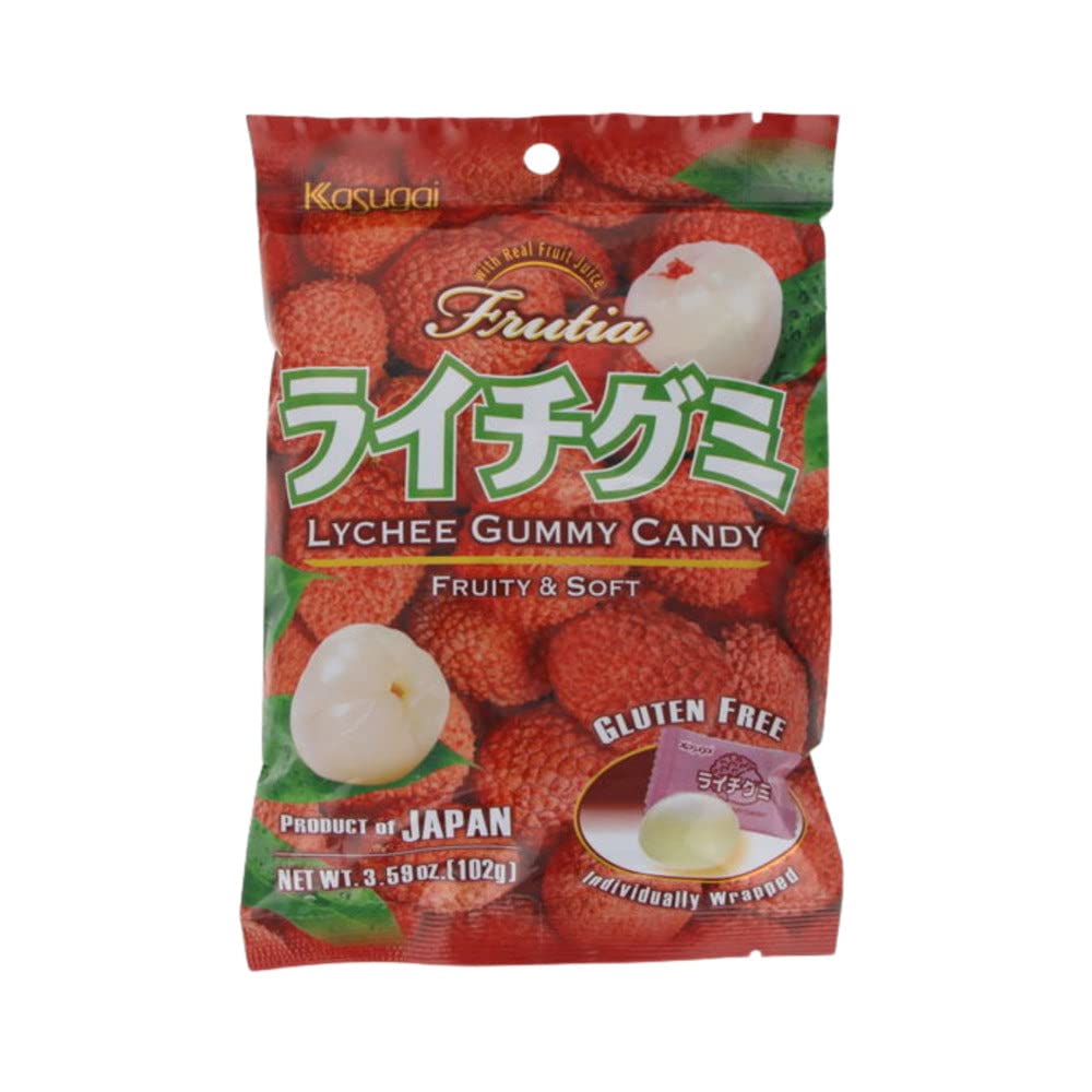 Kasugai Lychee Gummy Candy close-up reveals juicy lychee centers and bright color.