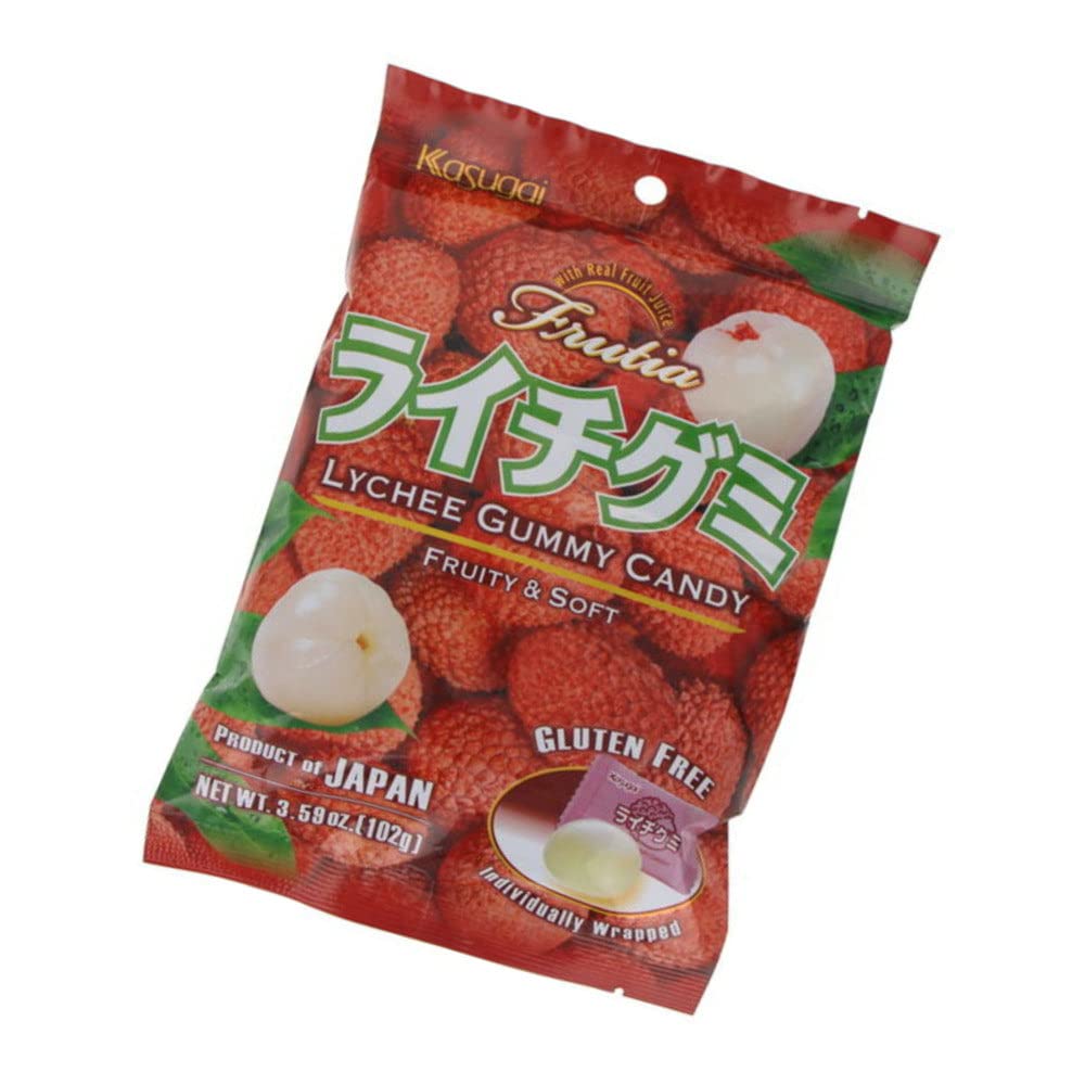 Kasugai Lychee Gummy Candy close-up shows glossy texture and fruity aroma.