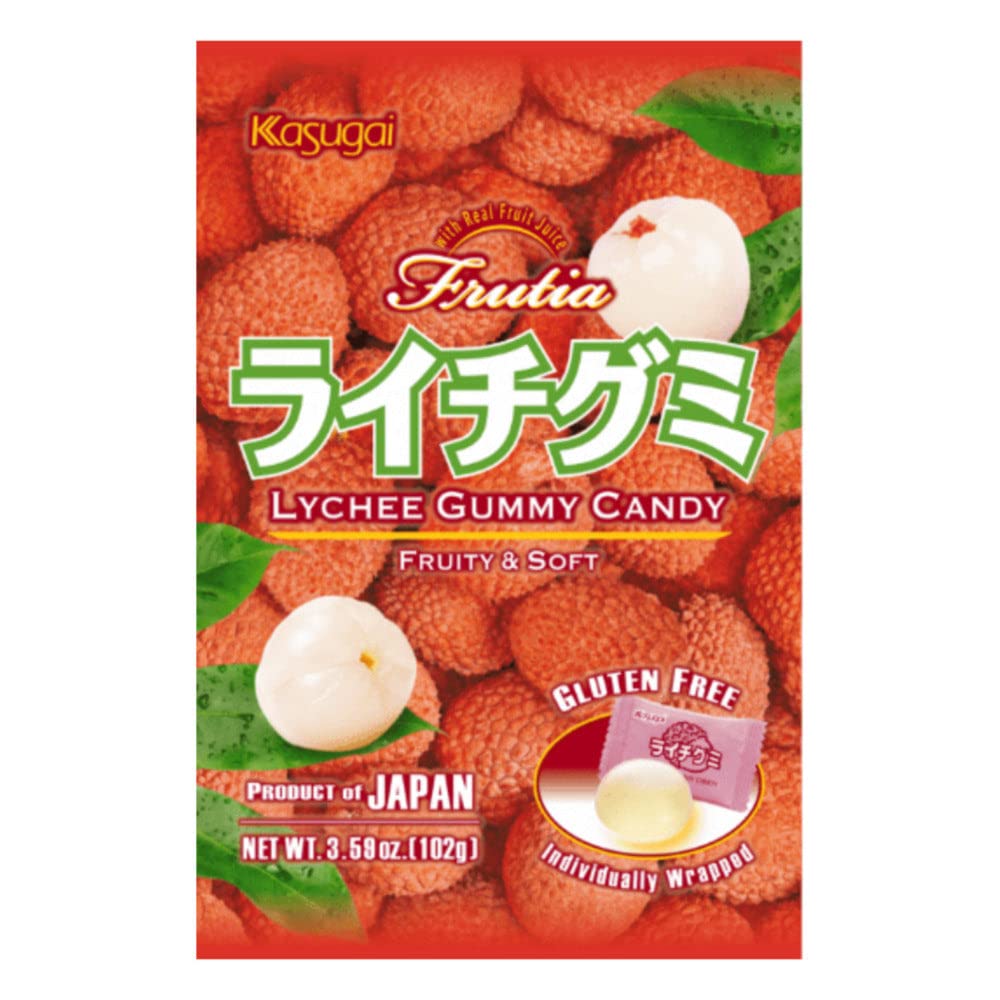 Kasugai Lychee Gummy Candy packaging highlights premium Japanese quality and fruit flavor.